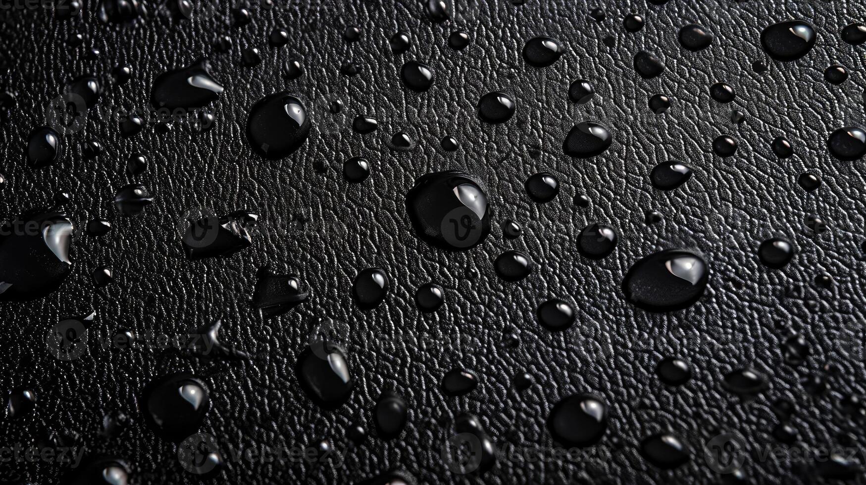 ai generado brillante agua gotas en un pulcro negro cuero superficie crear un maravilloso contraste, ai generado. foto