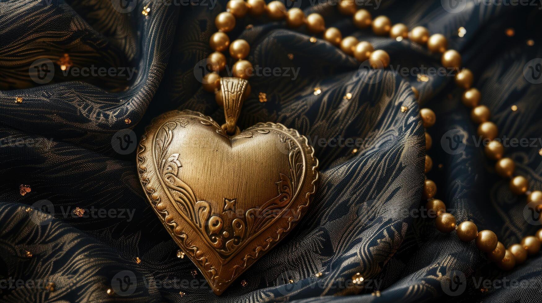 AI generated Heart-shaped pendant on black cloth, accented with gold beads for elegance, Ai Generated photo