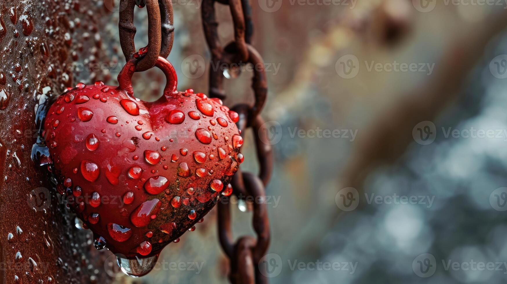 AI generated Red heart pendant on a chain, adorned with glistening water drops, Ai Generated photo