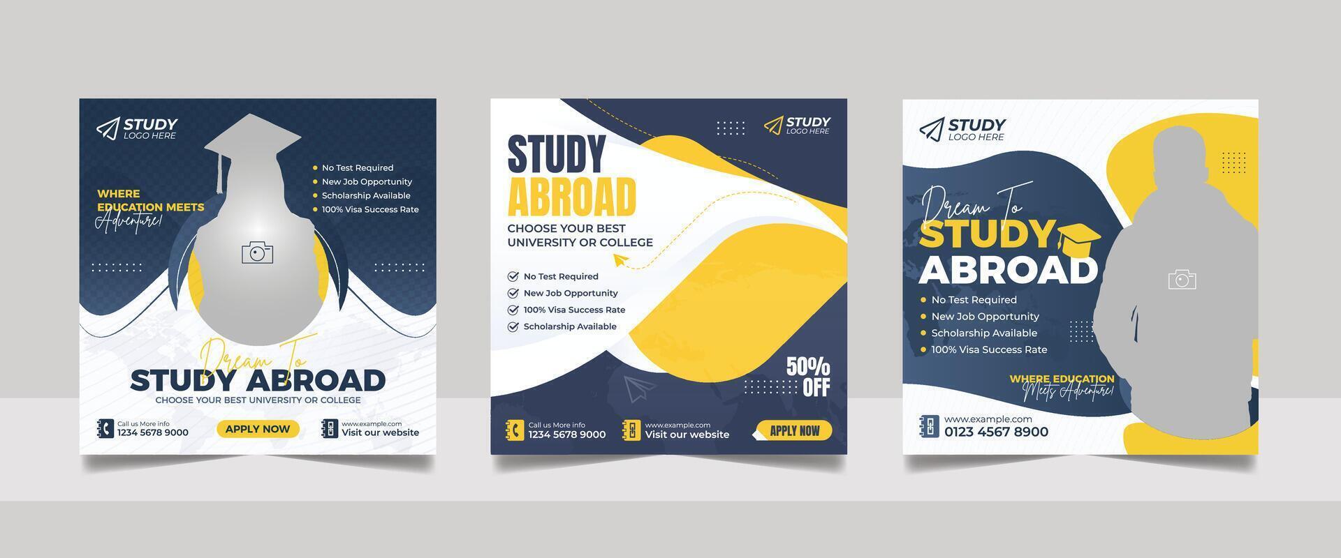 Study abroad social media post design, educational web banner admission square flyer template vector