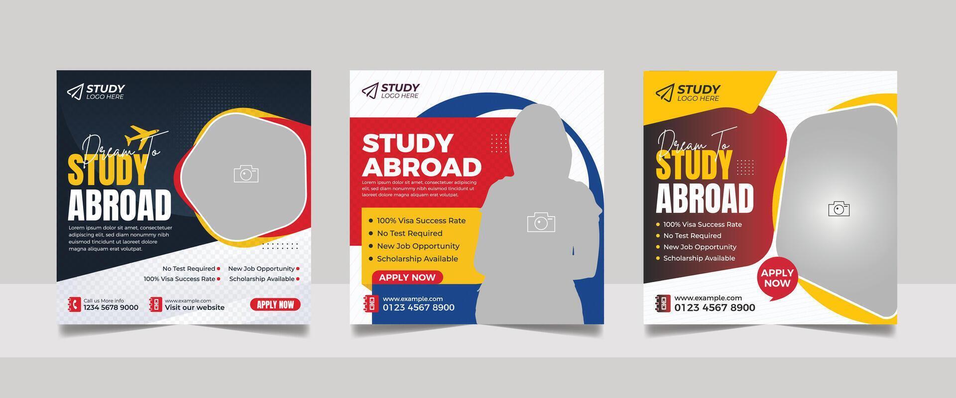 Study abroad social media post design, educational web banner admission square flyer template vector