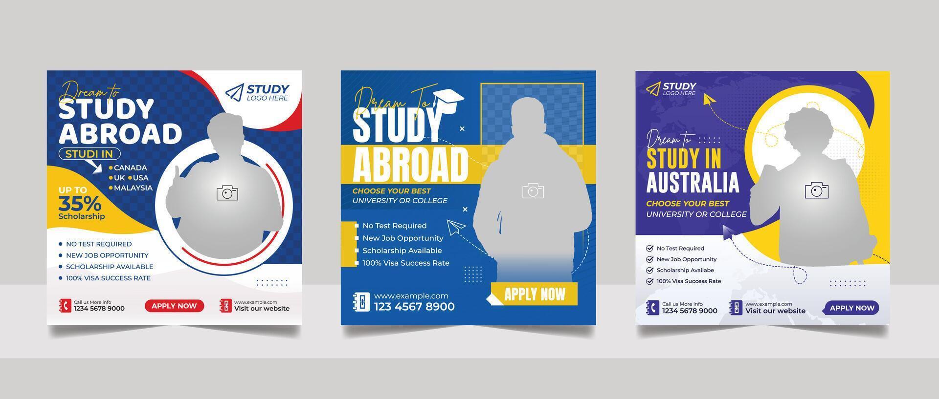 Study abroad social media post design, educational web banner admission square flyer template vector