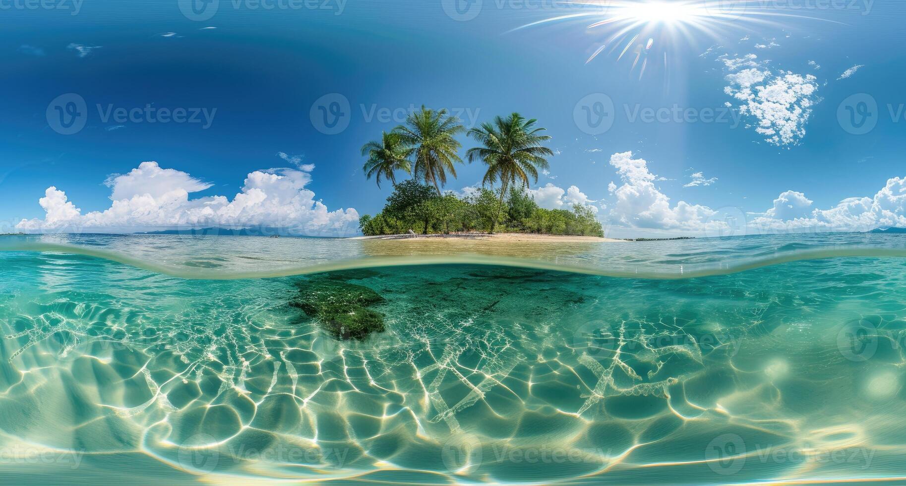 AI generated Transport yourself to a tropical paradise with a 360-degree view of an island, surrounded by crystal-clear waters. Ai Generated. photo