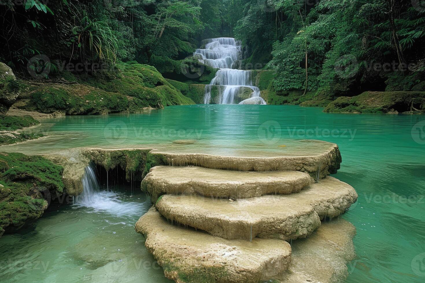 ai generado maravilla a el majestad de un cascada cascada terminado lozano, cubierto de musgo rocas, un de la naturaleza obra maestra. ai generado. foto