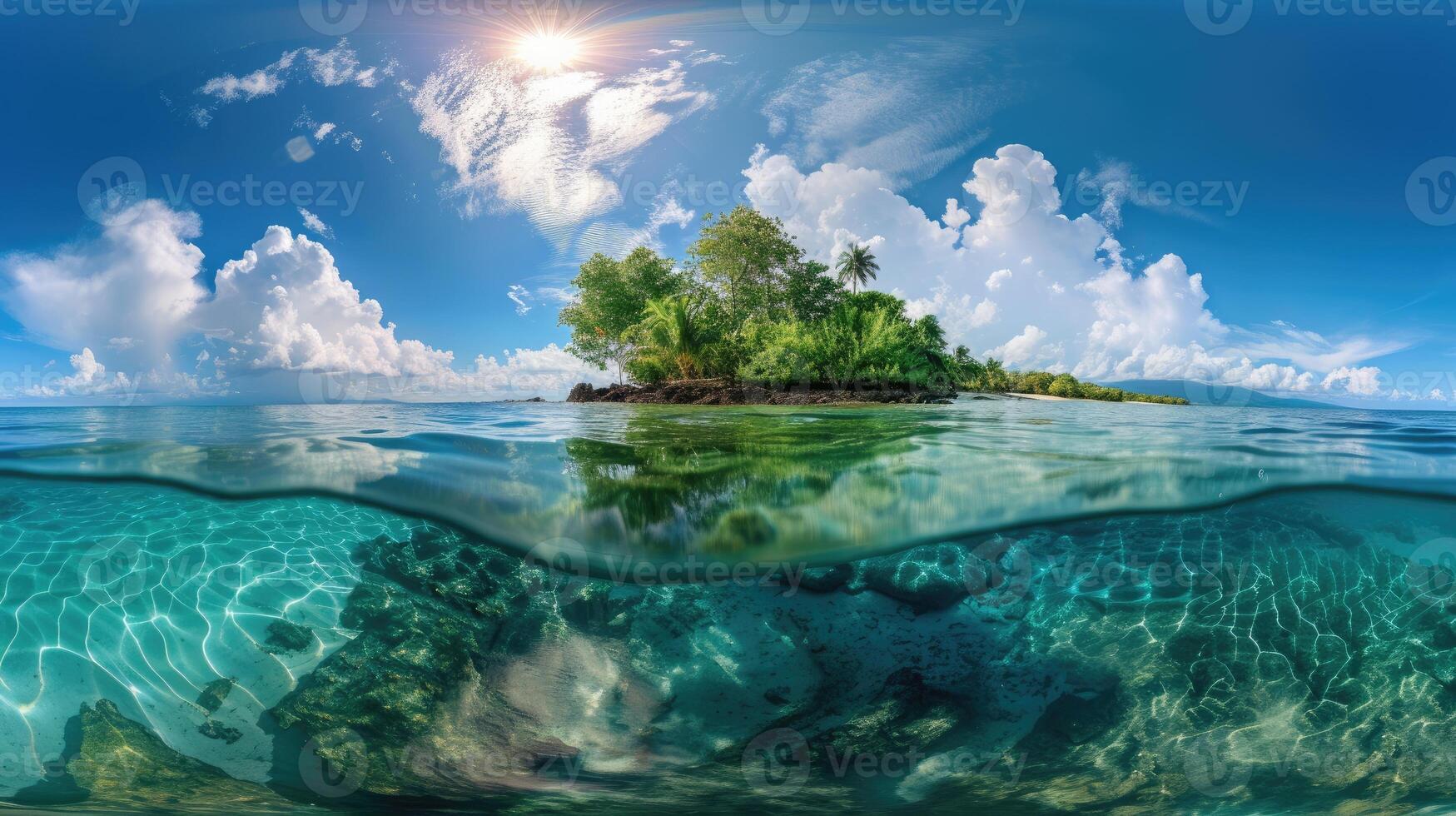 ai generado transporte tú mismo a un tropical paraíso con un 360 grados ver de un isla, rodeado por claro como el cristal aguas ai generado. foto