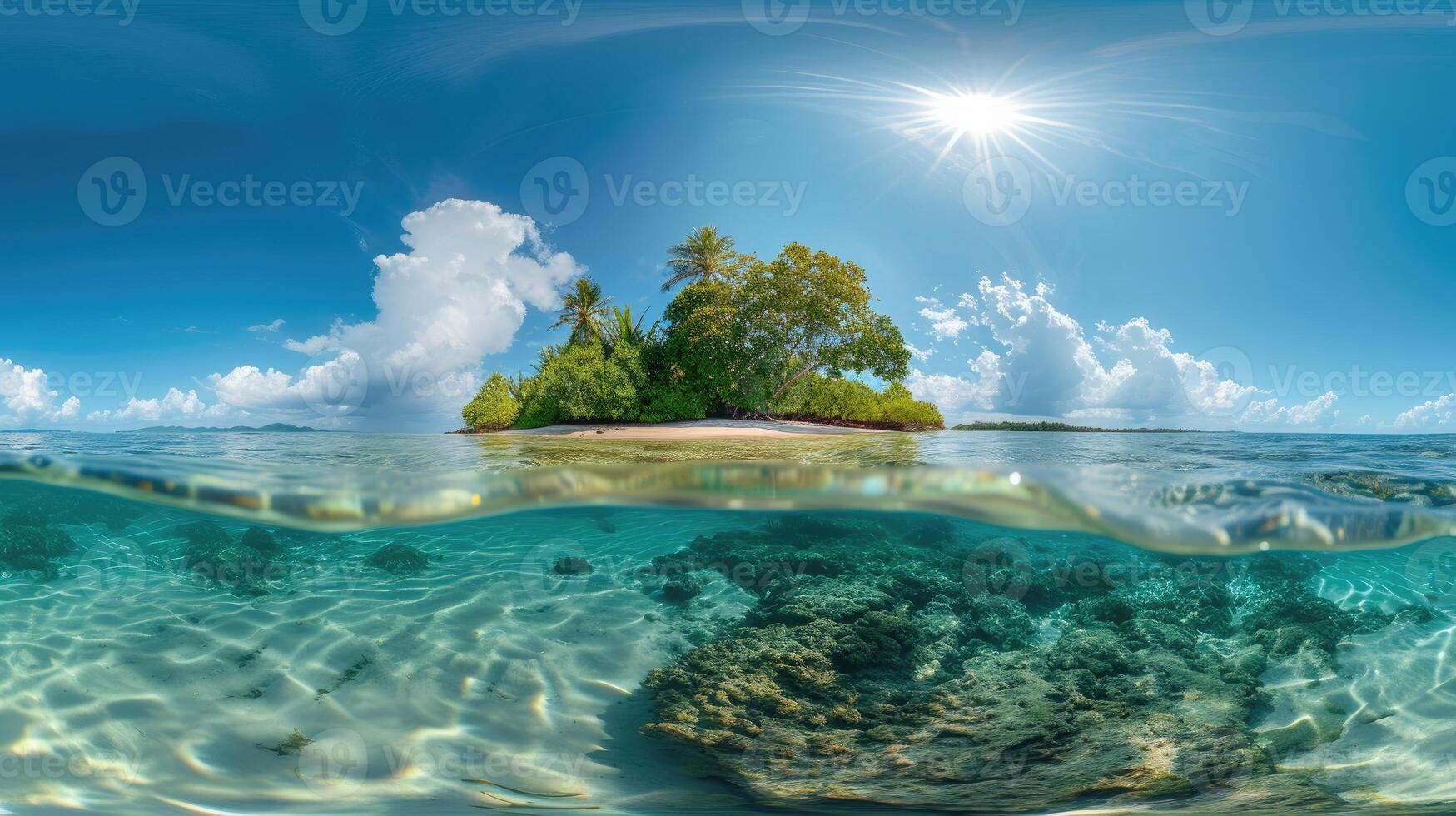 AI generated Escape to a stunning tropical island through a 360 spherical panorama, surrounded by clear waters and vibrant trees. Ai Generated. photo