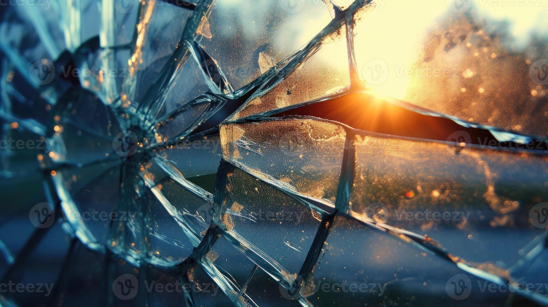 AI generated Witness the play of light through a close-up of a broken glass window, as the sun's rays create captivating patterns, Ai Generated. photo