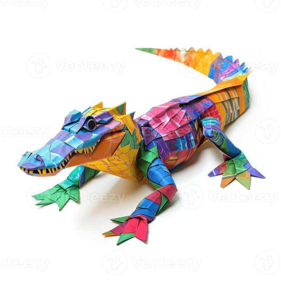 ai generado vistoso origami cocodrilo, único papel polígono obra de arte, ideal mascota concepto, ai generado foto