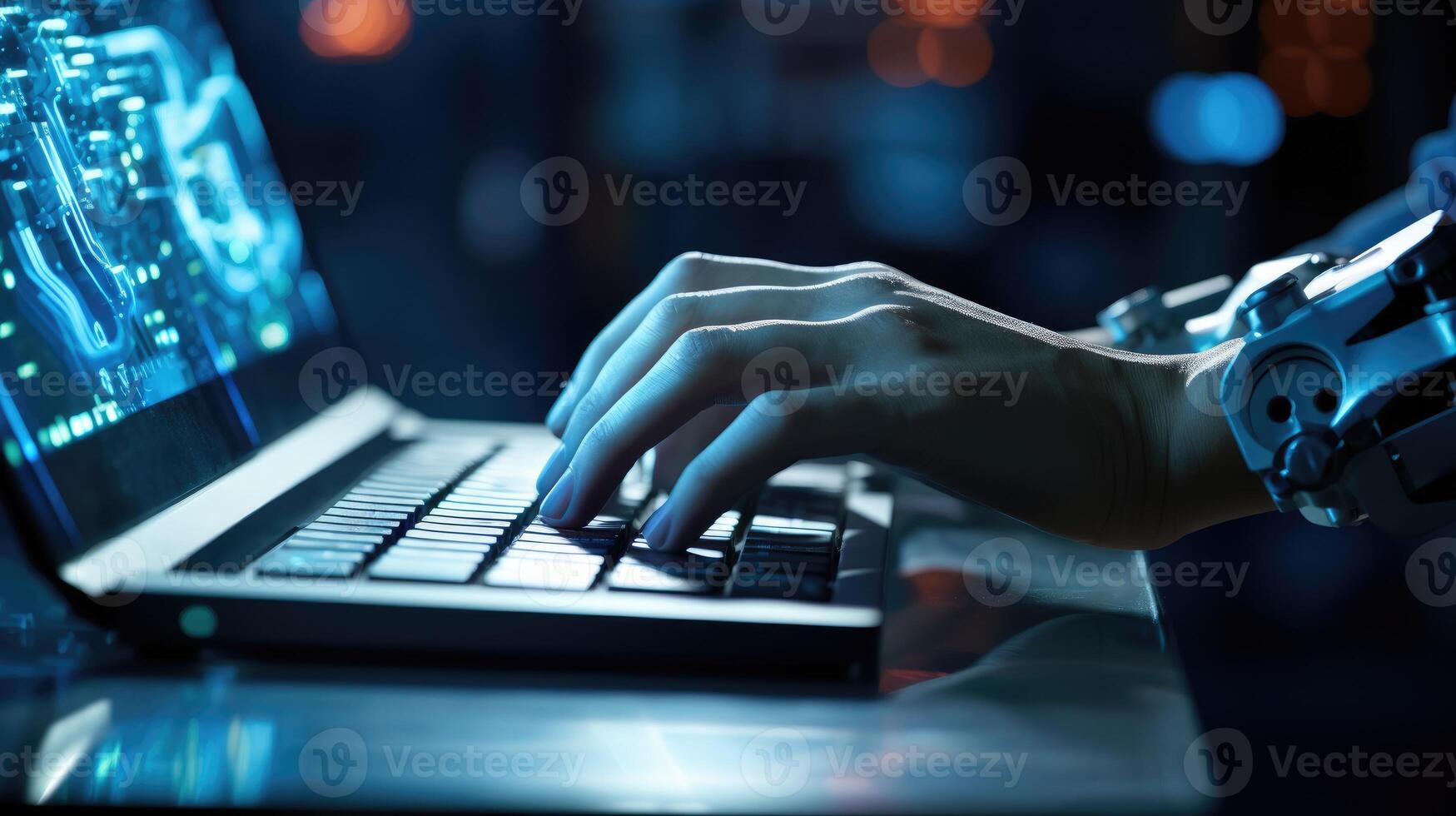 AI generated Close-up of a robotic arm pressing a key on a laptop computer, Ai Generated photo