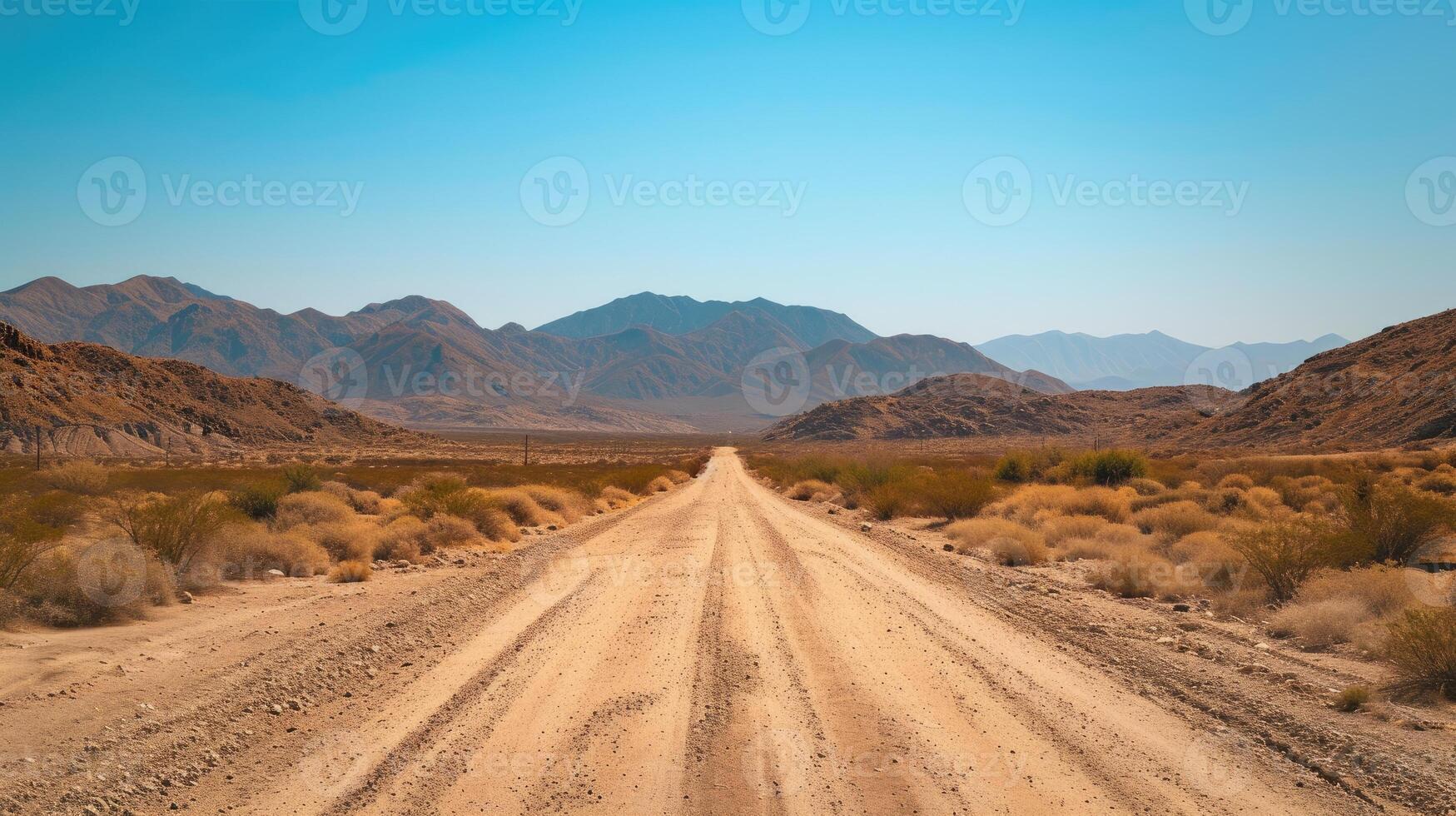 AI generated Venture down a remote dirt road, cutting through the barren vastness of the desert landscape. Ai Generated. photo