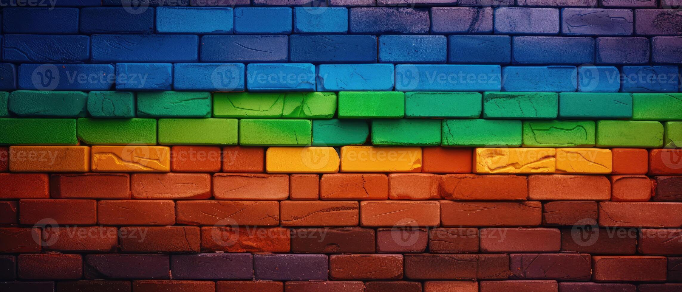 AI generated A colorful rustic brick wall adorned in rainbow flag hues, exemplifying unique brickwork and stonework, Ai Generated photo