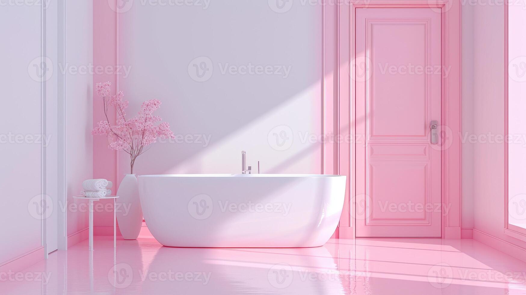 ai generado paso dentro un elegante y minimalista baño con blanco y rosado tonos, un puerta, y No bañera, Perfecto para moderno estética. ai generado foto