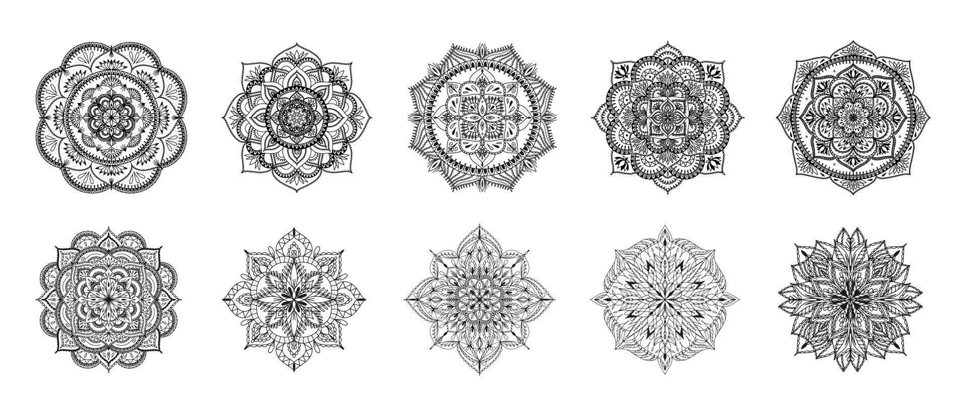 Set of Mandala for Henna, Mehndi, tattoo, decoration, coloring book. Decorative round ornaments. Ethnic Oriental Circular ornament vector. Anti-stress therapy drawing vector