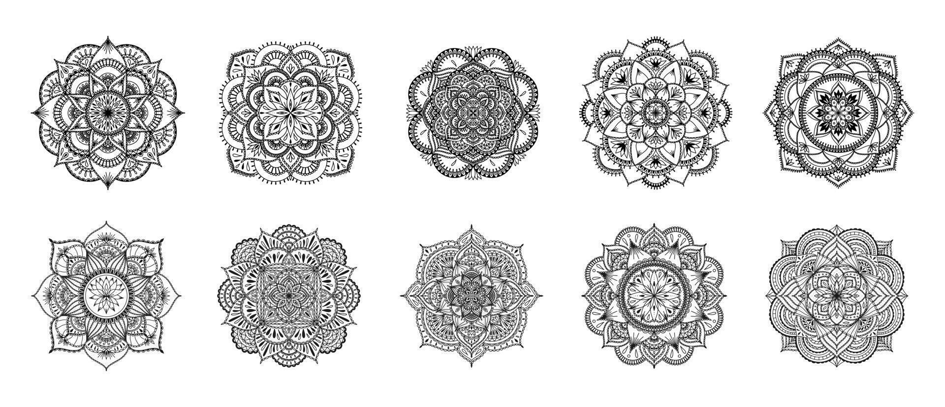 Set of Mandala for Henna, Mehndi, tattoo, decoration, coloring book. Decorative round ornaments. Ethnic Oriental Circular ornament vector. Anti-stress therapy drawing vector