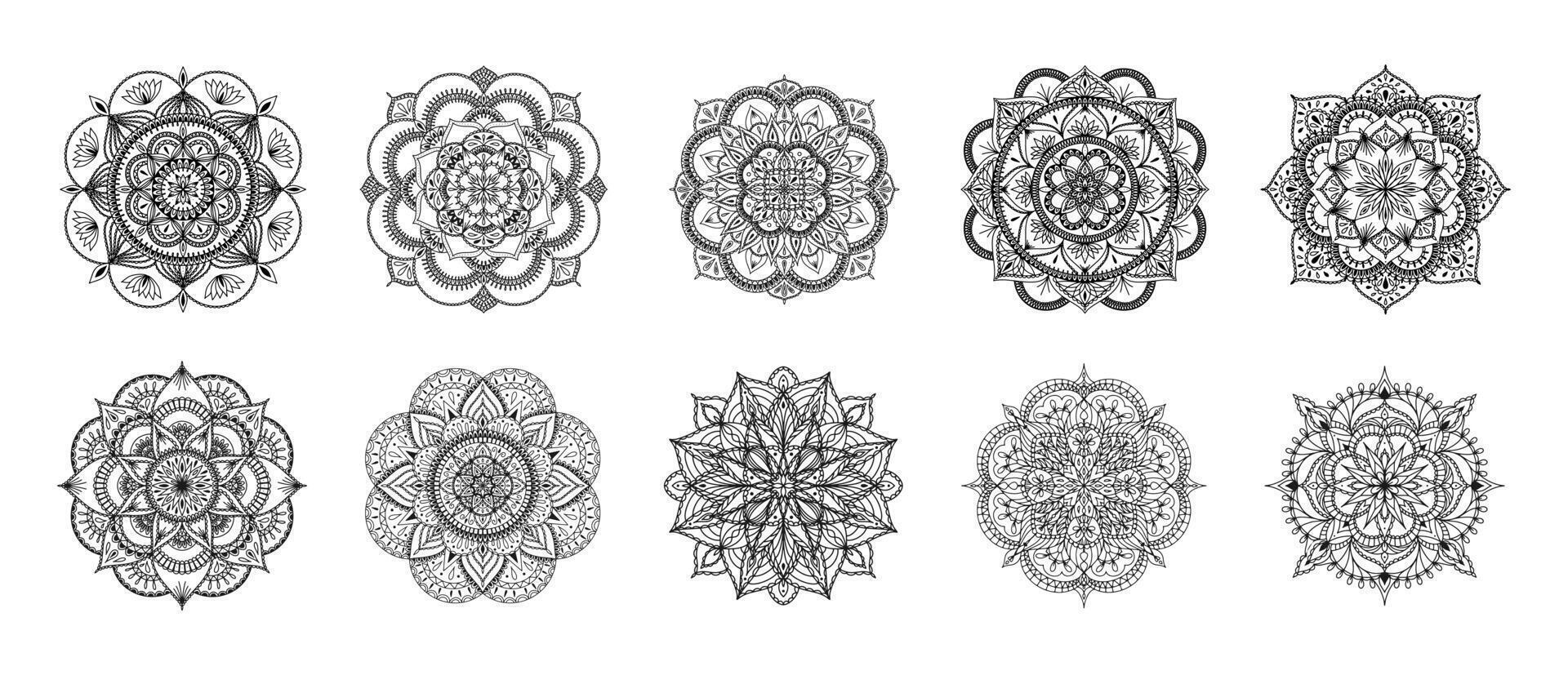 Set of Mandala for Henna, Mehndi, tattoo, decoration, coloring book. Decorative round ornaments. Ethnic Oriental Circular ornament vector. Anti-stress therapy drawing vector