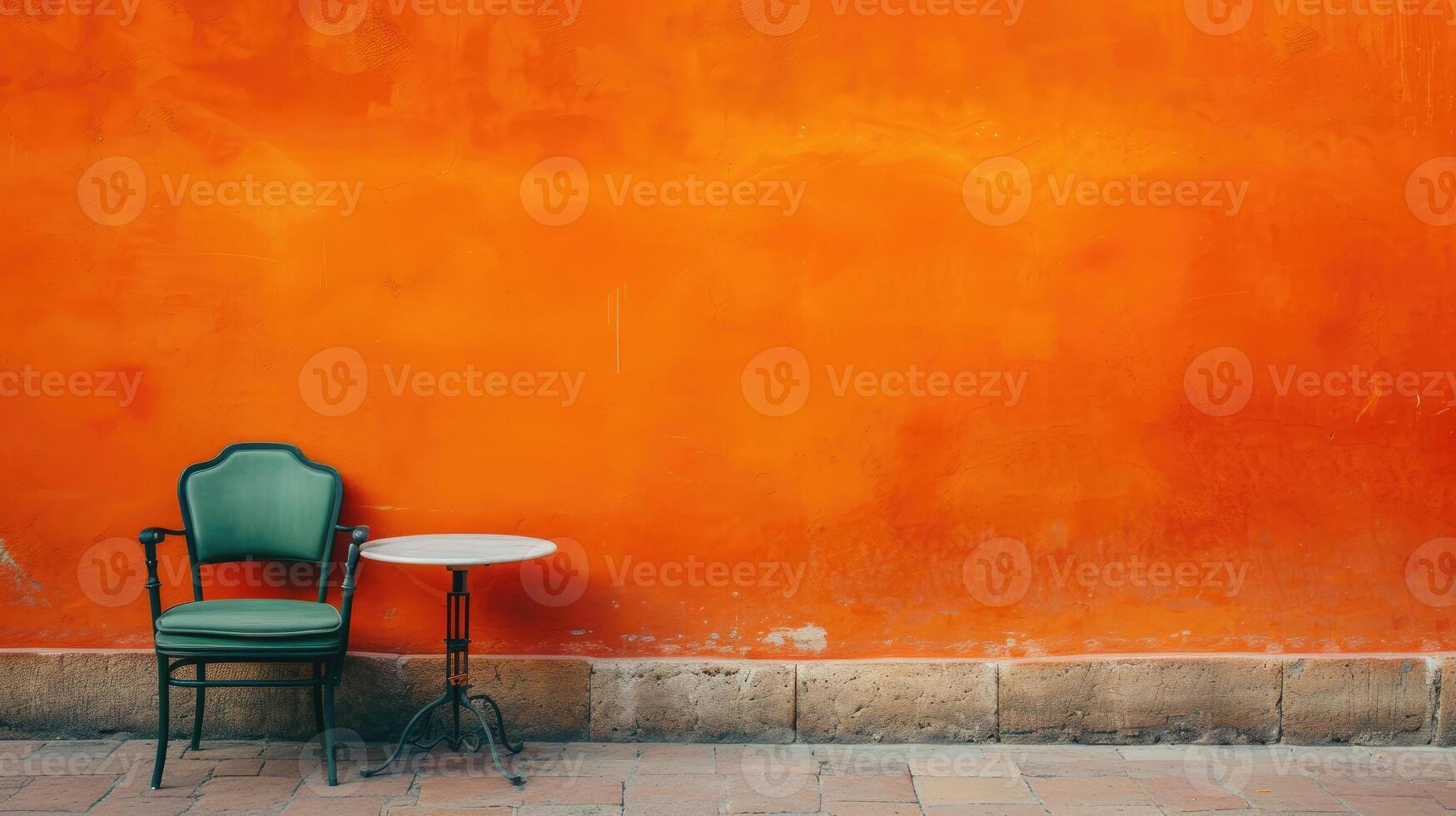 AI generated A chair and small table set against a vibrant orange wall, a cozy corner. Ai Generated photo