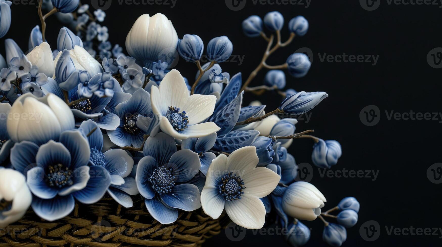 ai generado descubrir un encantador arreglo de azul y blanco cerámico flores esmeradamente anidado en un cesta. ai generado. foto