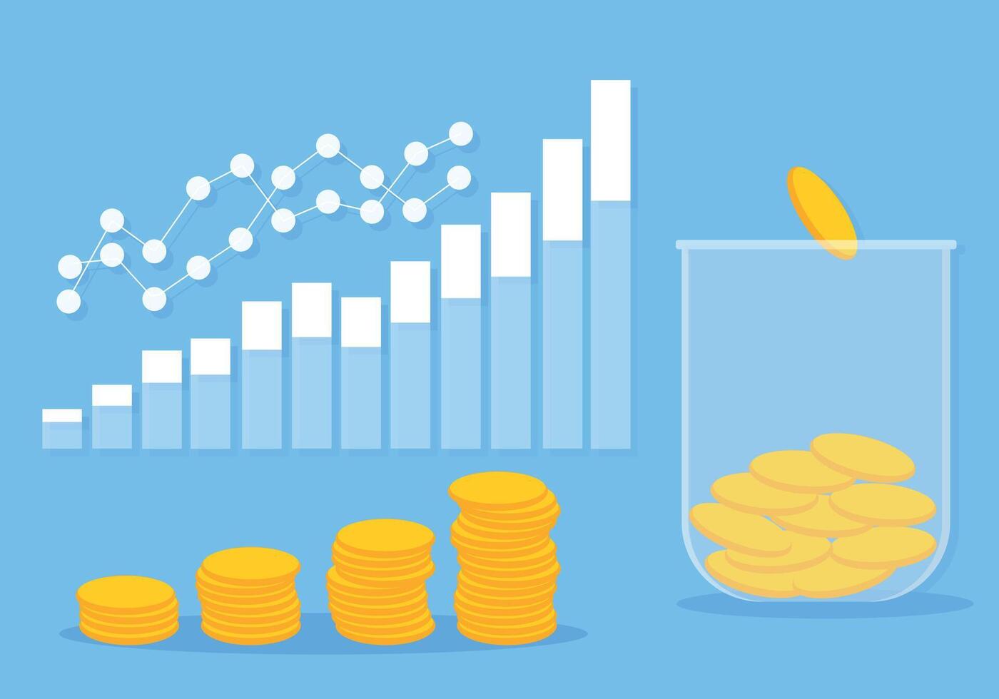 graph with coins. Gold coins. Dollar coins, money, vector illustration, finance. Saving money