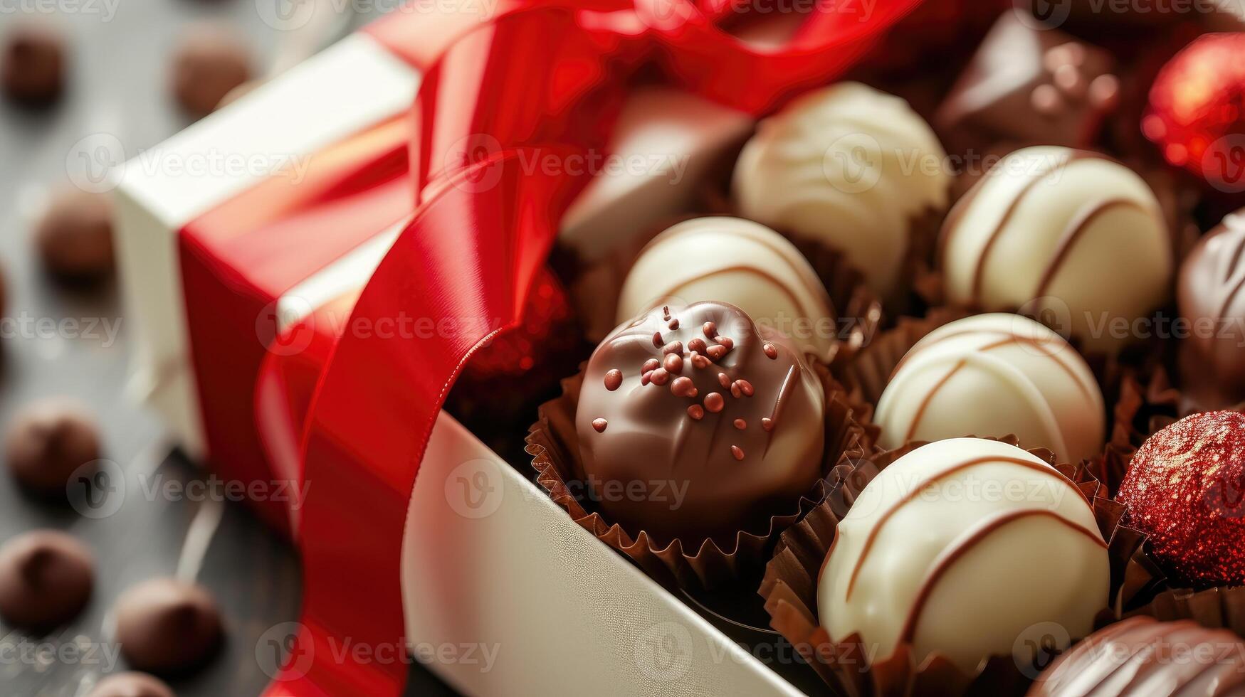 ai generado de cerca ver de un regalo caja con cubierto de chocolate trata y un rojo cinta, ai generado foto