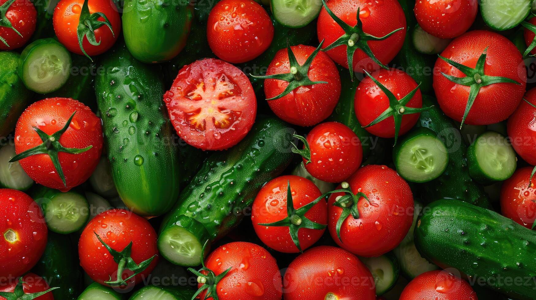 AI generated A bountiful heap of whole wet tomatoes and cucumbers, creating a seamless background perfect for wrappers, Ai Generated. photo