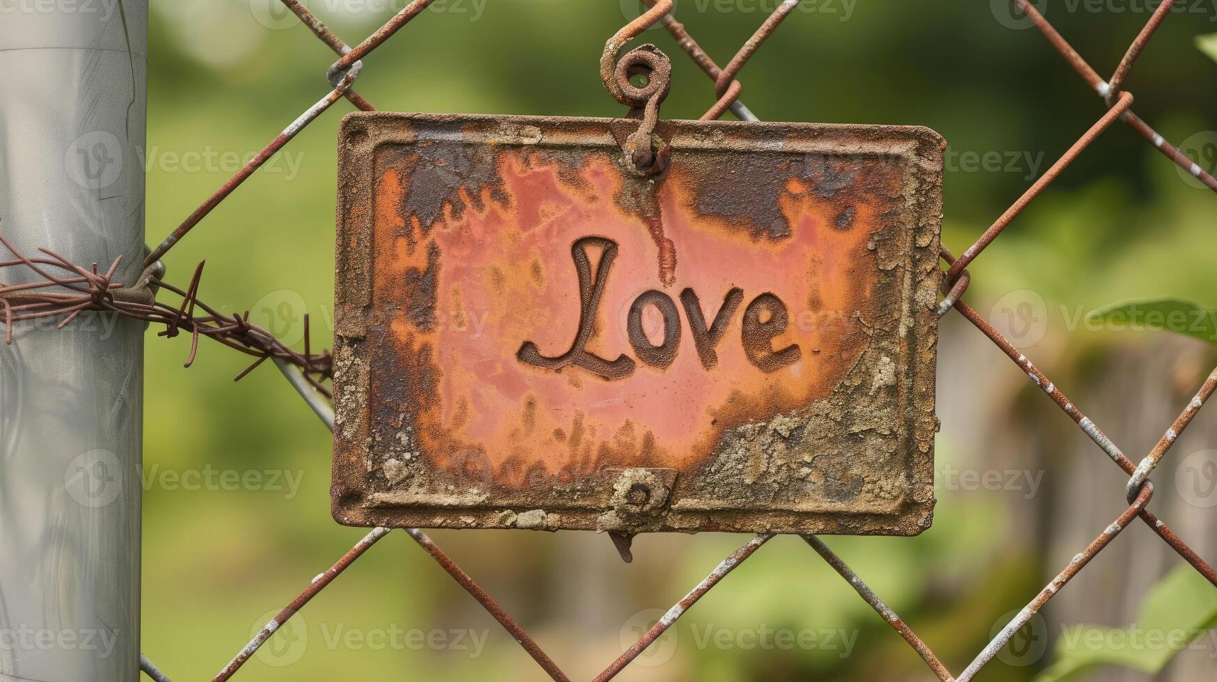 AI generated Rusty sign on a fence displaying love, blending decay with affectionate symbolism, Ai Generated photo