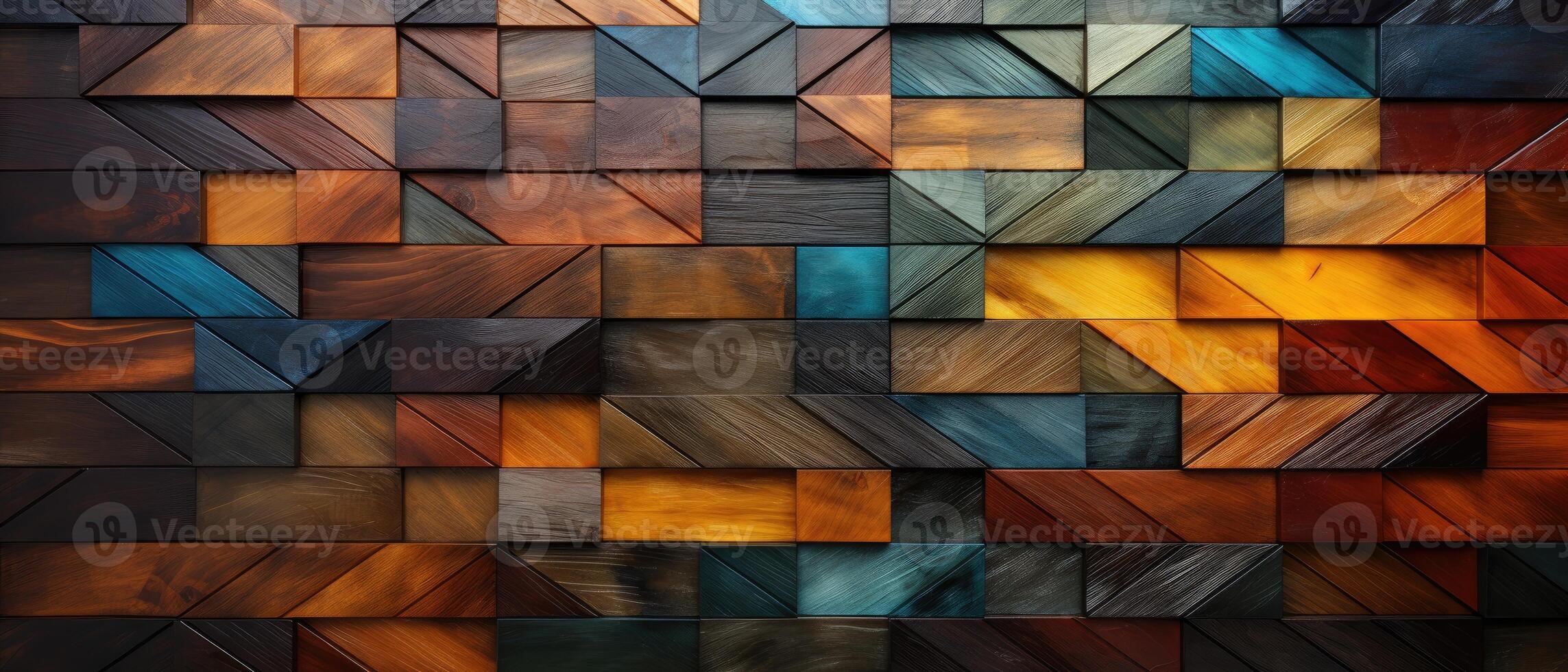 ai generado un resumen mosaico loseta pared textura con marrón de madera vidriado lustroso deco glamour y geométrico formas, ai generado. foto