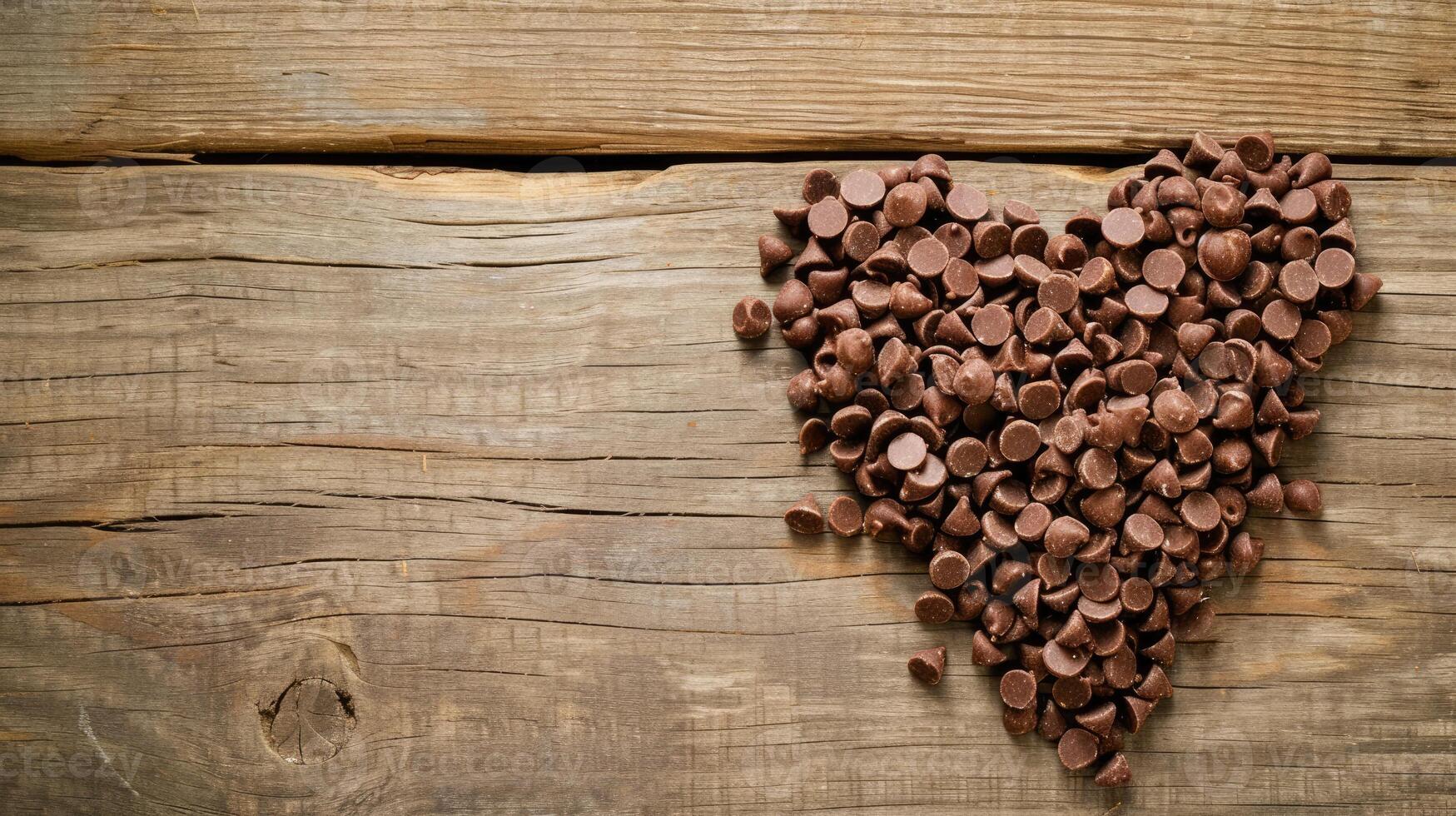 AI generated Chocolate chips arranged in a heart shape on a wooden floor, charming and sweet, Ai Generated photo