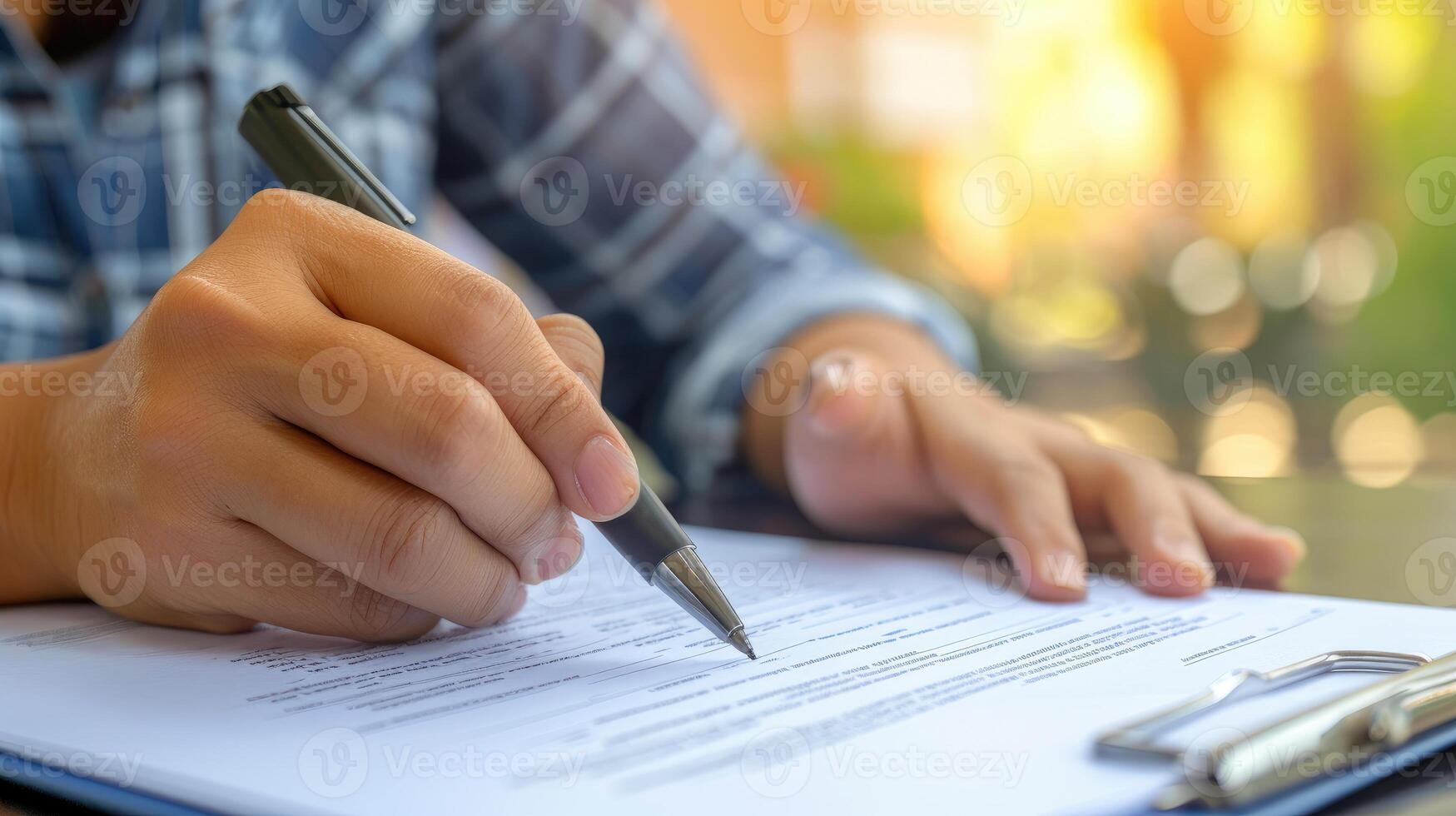 AI generated A young man's hand holding a pen, pointing to a document and marking a correct sign, Ai Generated photo