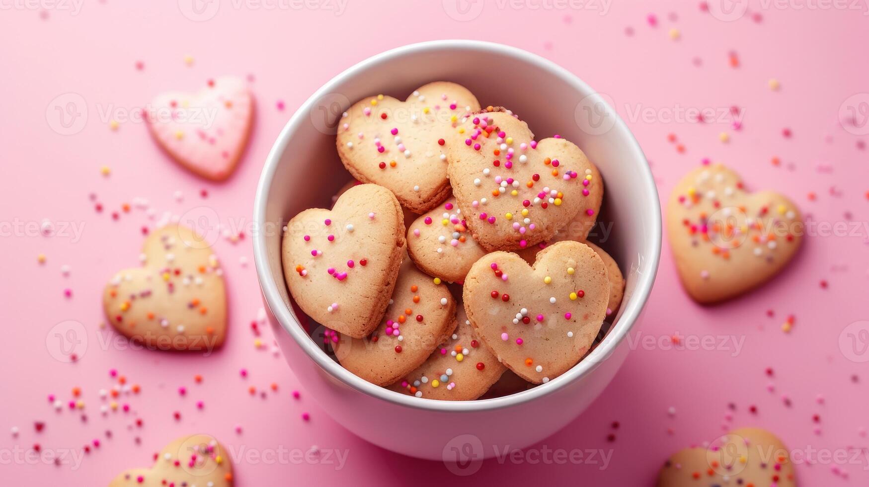 AI generated Heart-shaped cookies with sprinkles in a bowl, set against a pink background, Ai Generated photo