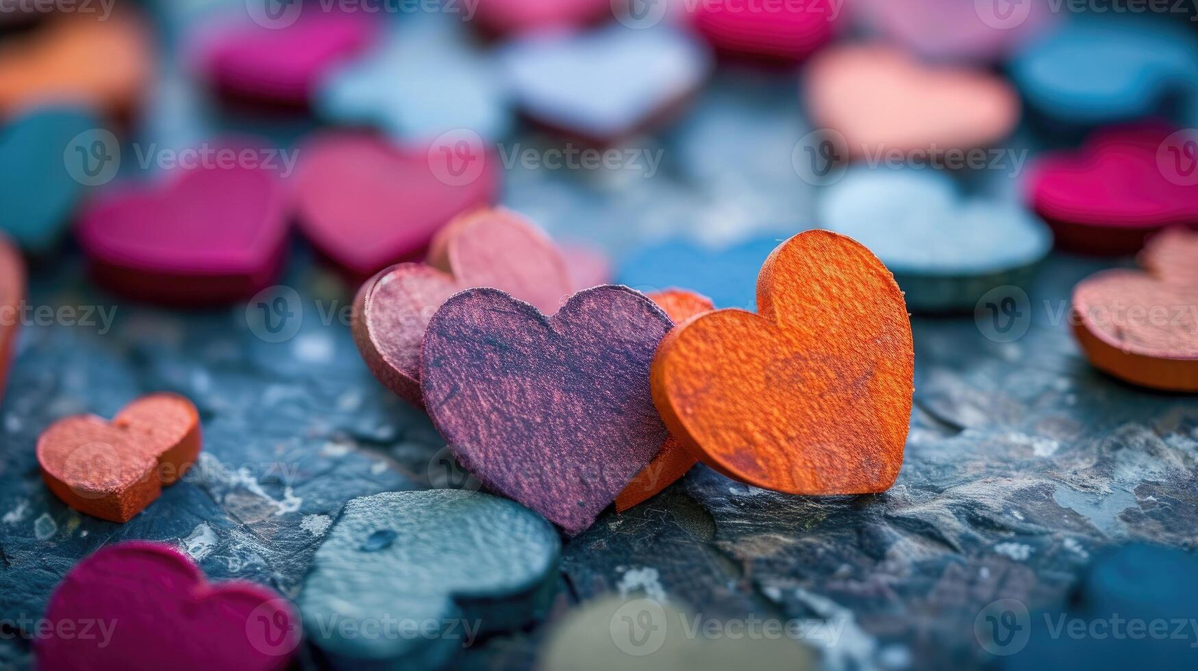 AI generated Various colored hearts spread on a table, forming a picturesque and lively scene, Ai Generated photo