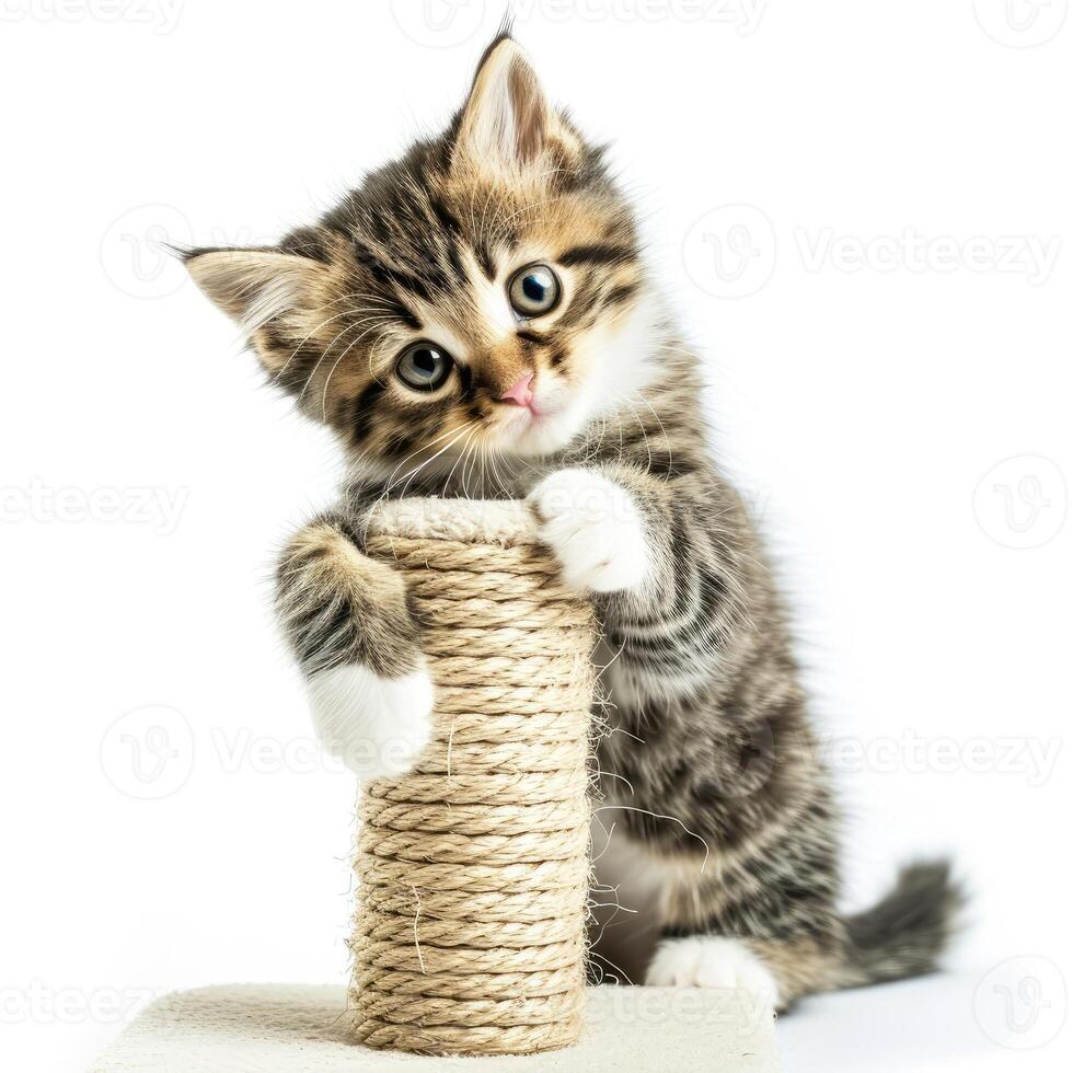 AI generated A charming kitten portrait, scratching a post, isolated on white background, Ai Generated photo