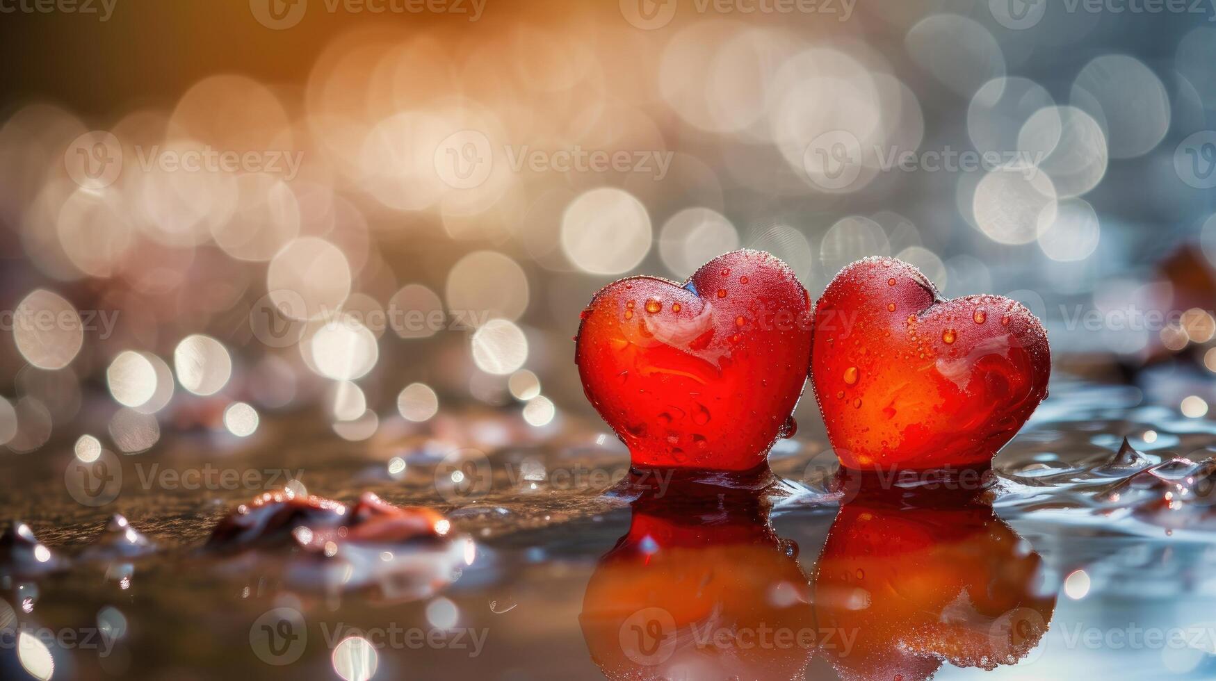 AI generated Two hearts sitting on a watery puddle, kissed by raindrops. Ai Generated photo