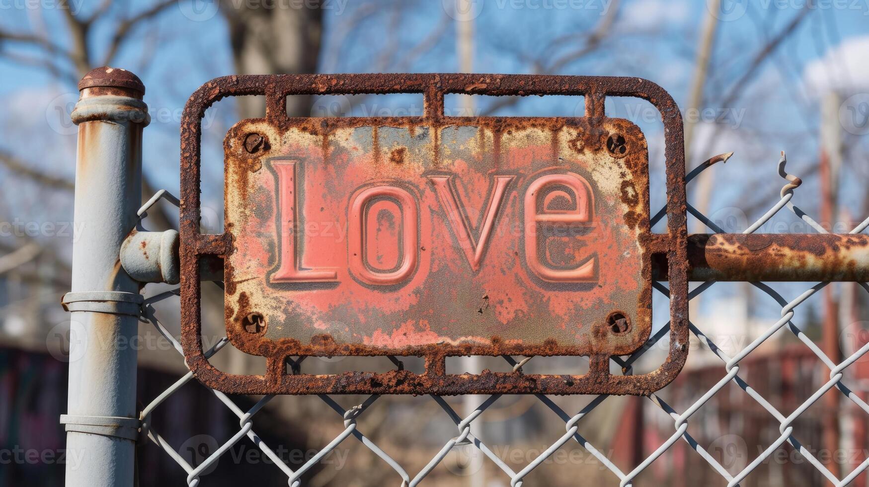 AI generated Rusty sign on a fence displaying love, blending decay with affectionate symbolism, Ai Generated photo