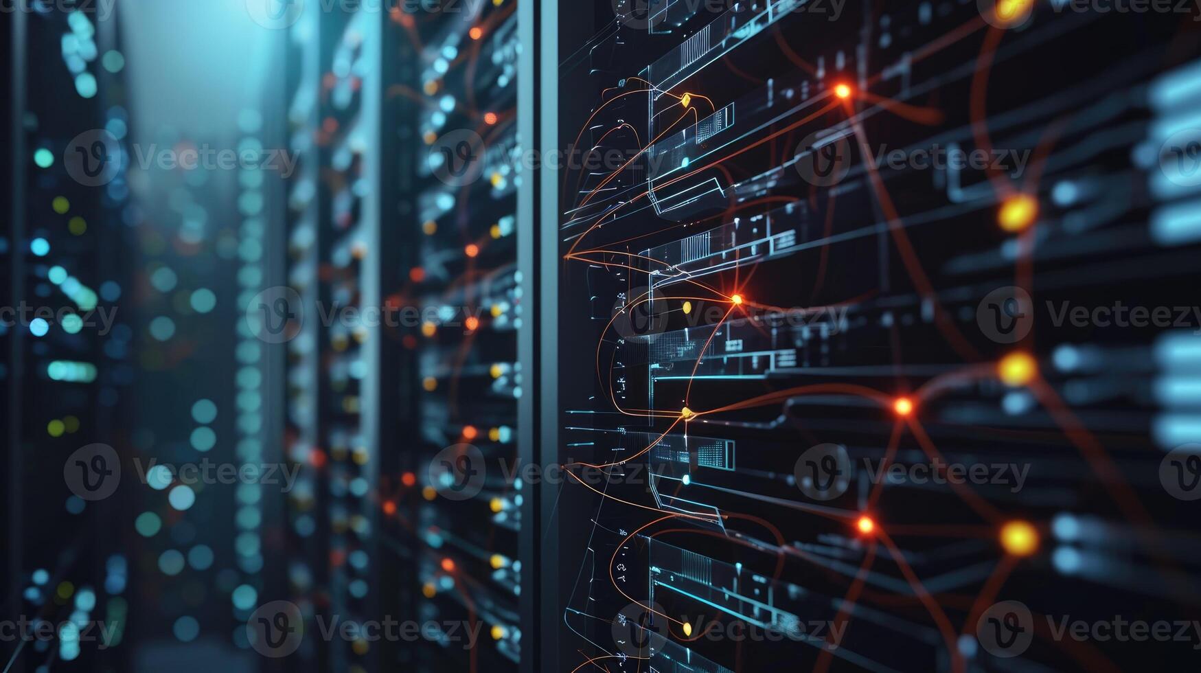 AI generated Server rack animation with interconnected circuit board dots, Ai Generated photo