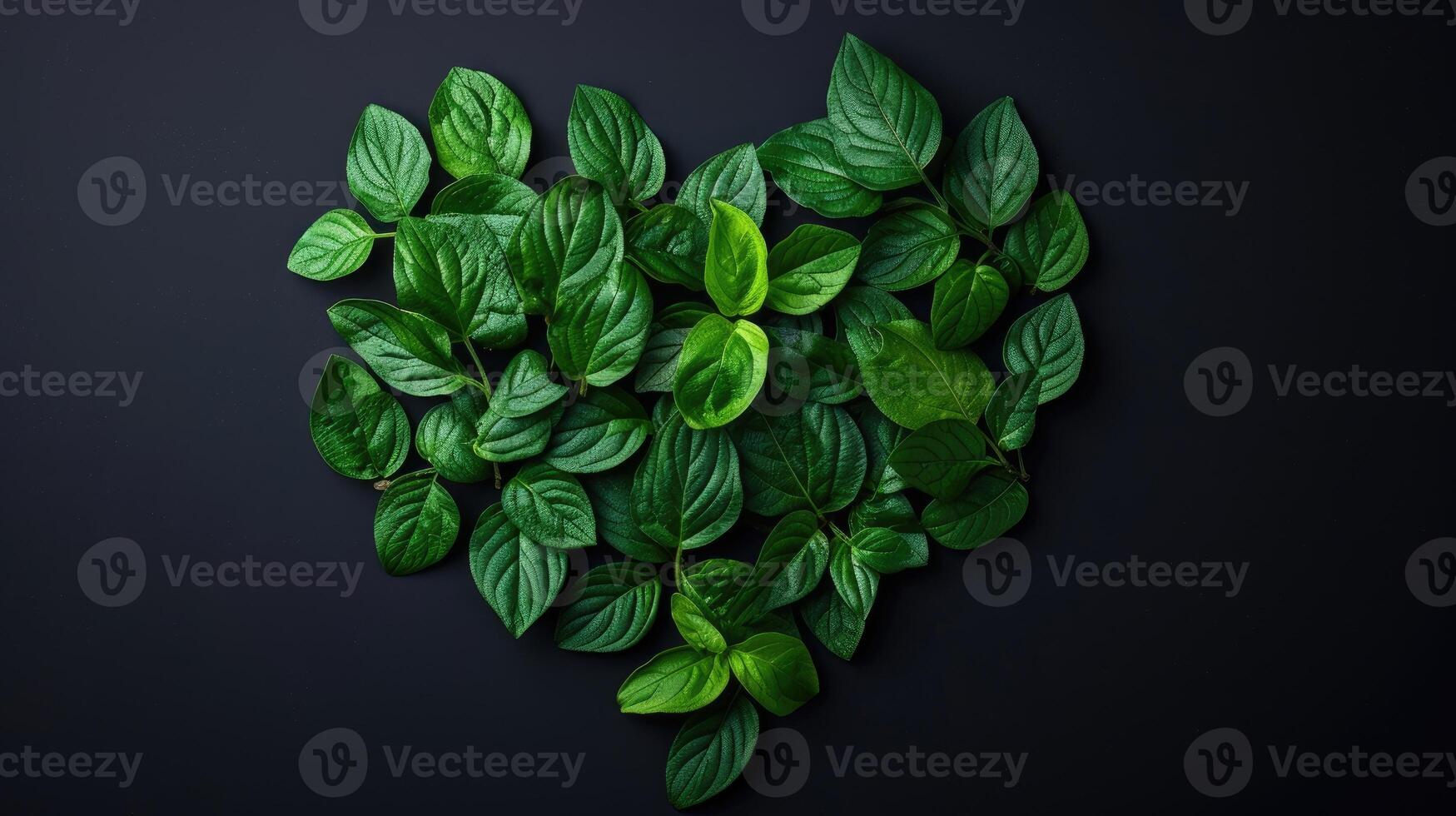 AI generated Leaves arranged into a heart shape on a black background, a natural, artistic display, Ai Generated photo