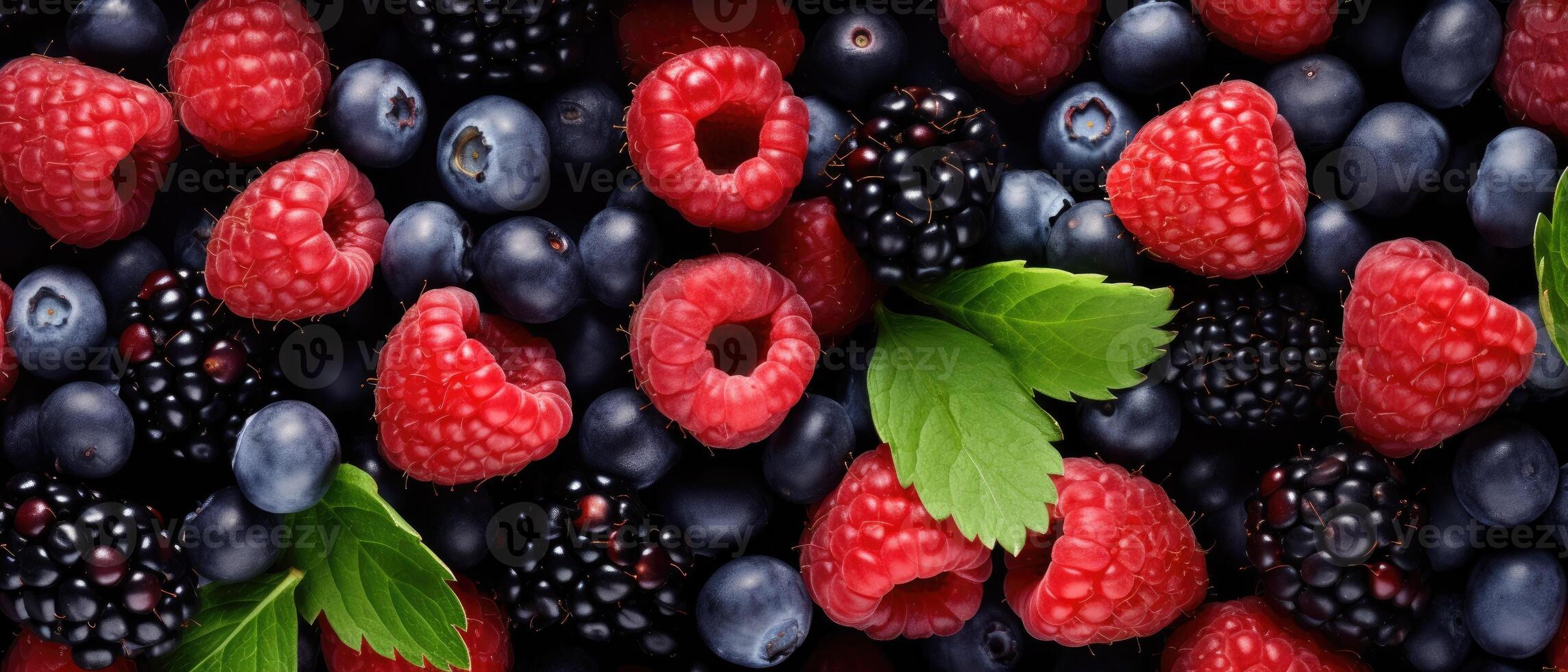 AI generated A vibrant top view of an array of fresh berries blueberries, raspberries, and blackberries, Ai Generated photo