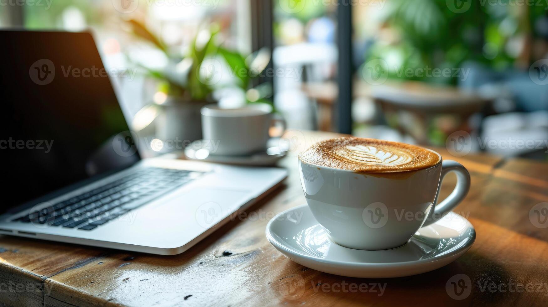AI generated A cup of coffee and a laptop on a wooden table, Ai Generated photo