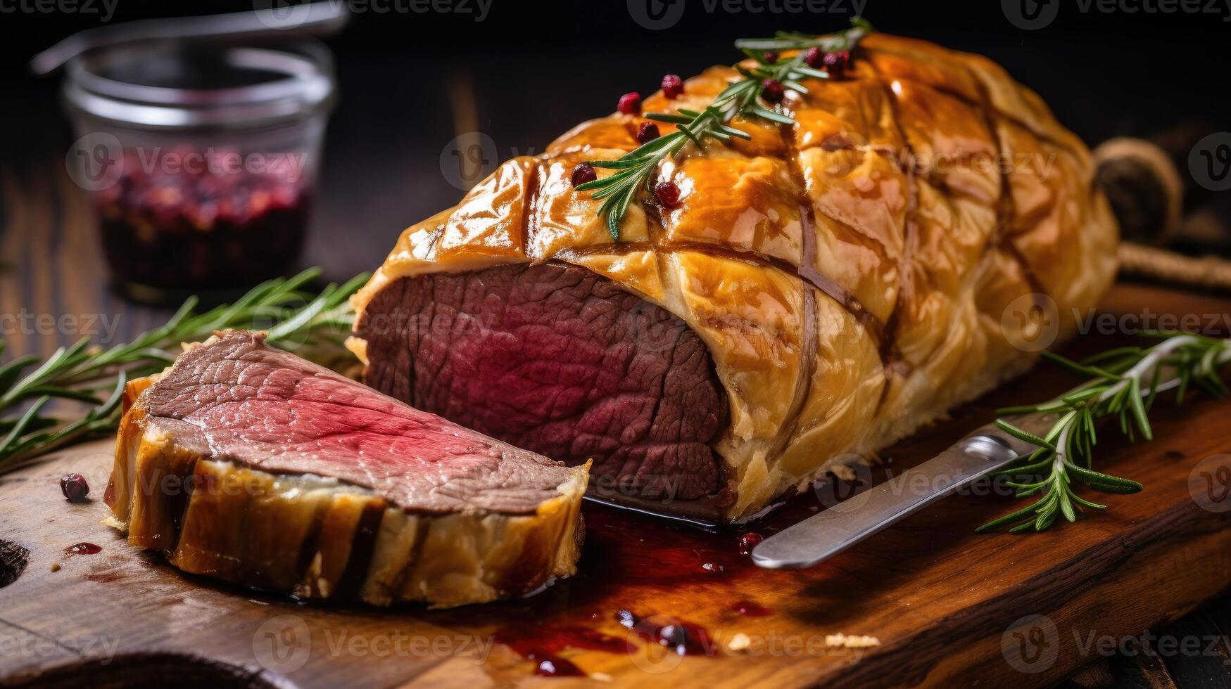 ai generado complacer en el gastronómico obra maestra de un filete de lomo carne de vaca Wellington, un gastrónomo sensación envuelto en sabroso Pastelería, ai generado. foto