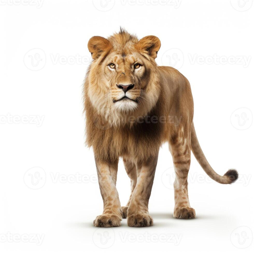 AI generated An image showcasing a majestic lion, contrasted with a white backdrop, Ai Generated photo