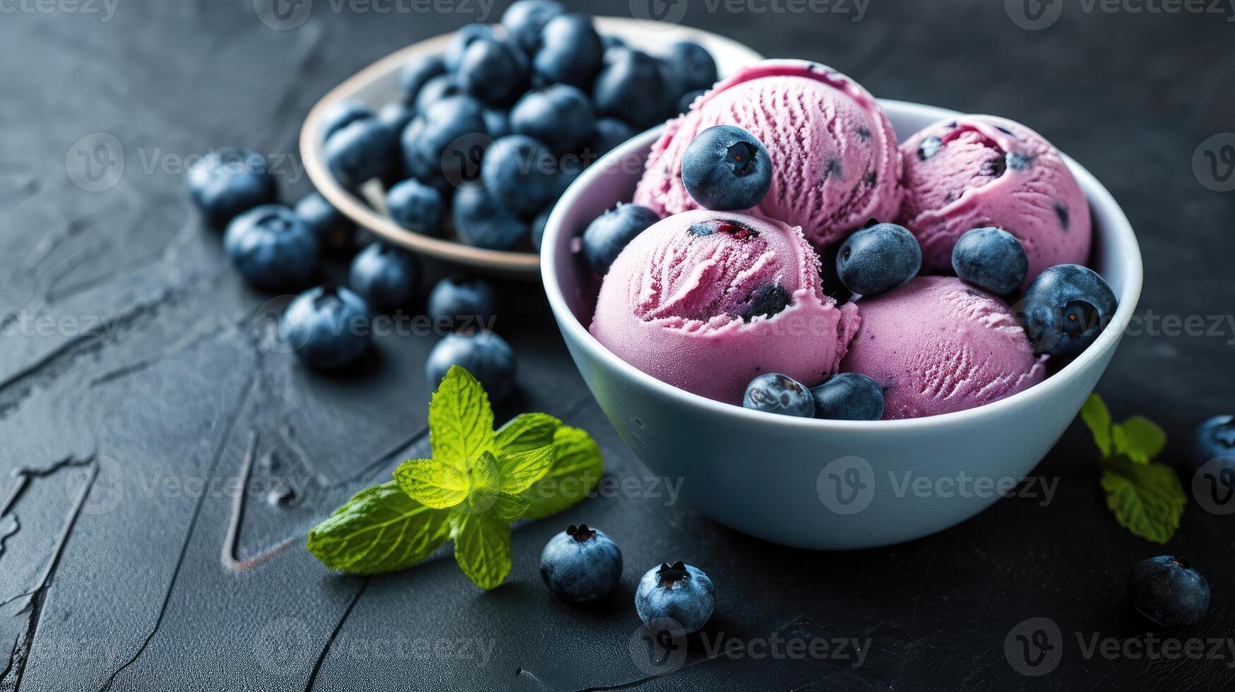 AI generated Delicious Homemade Blueberry Ice Cream in a Bowl with Fresh Blueberries, Exuding Cool Delight, Ai Generated photo