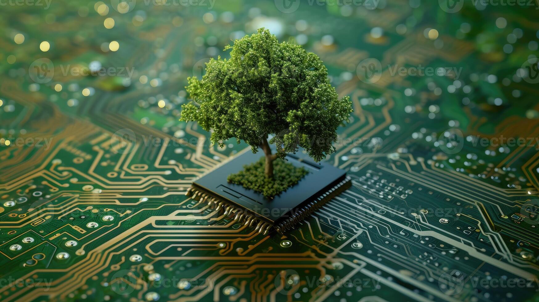 ai generado verde informática representado como un árbol brotante a el convergencia de un computadora circuito junta, ai generado foto