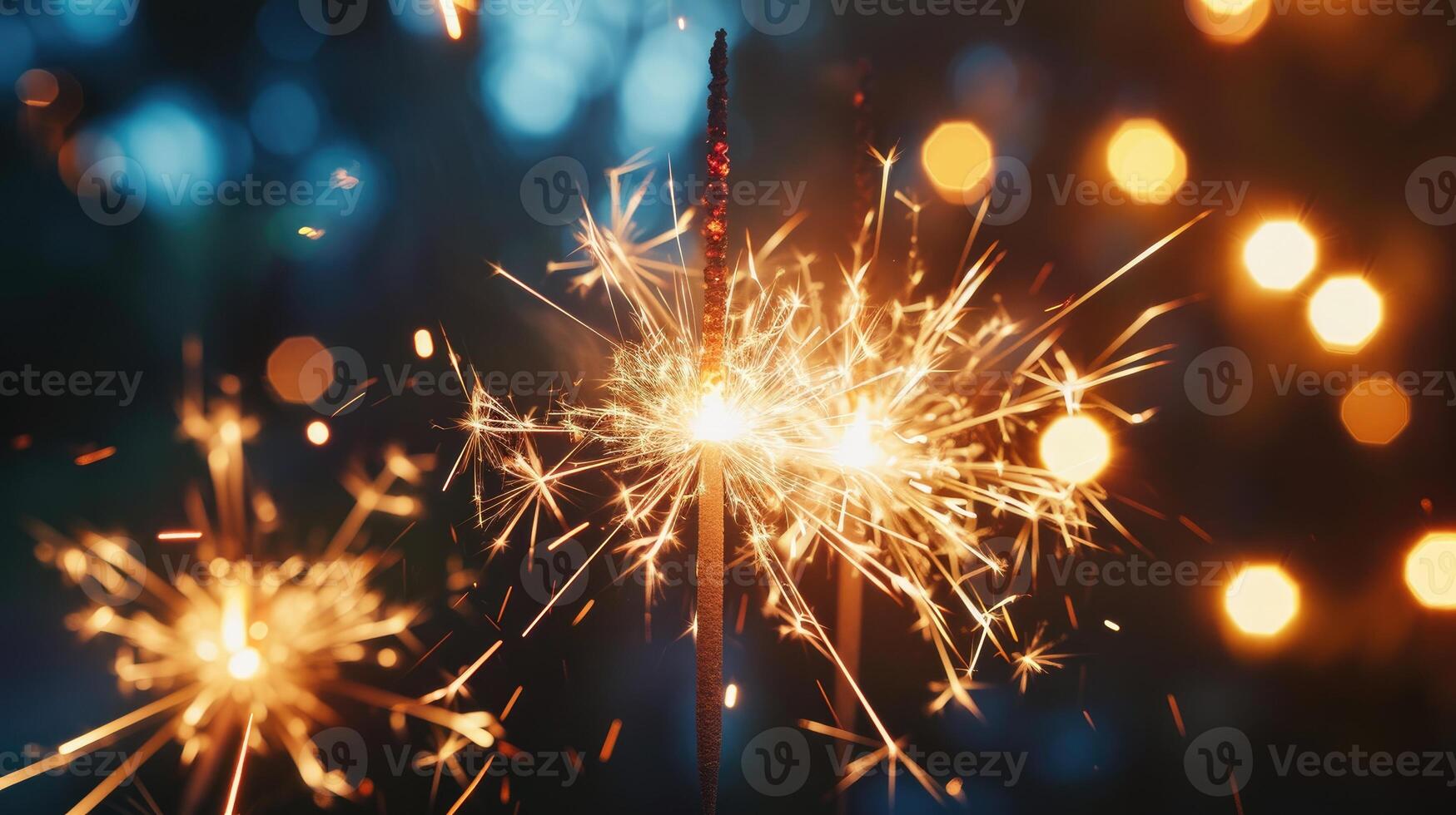 AI generated Vivid fireworks burst in celebration, with sparklers glowing against a bokeh backdrop, Ai Generated photo
