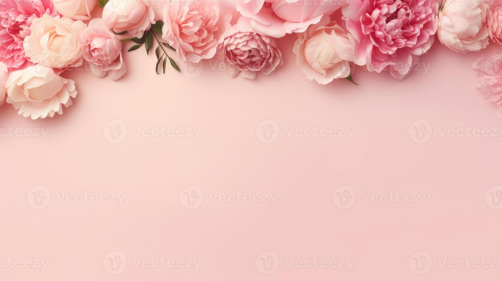 AI generated Peonies and roses arranged on a pink background, complete with space for text. An abstract, natural floral frame design offering room for wording. A romantic,  Ai Generated photo