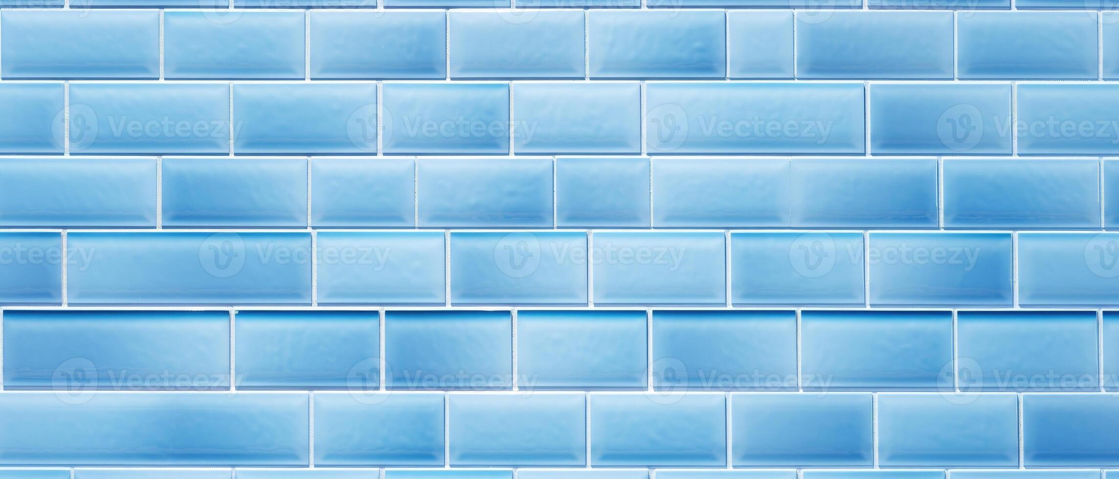AI generated Blue light brick subway tiles ceramic wall texture, creating a wide tile background for banners and panoramas, Ai Generated. photo