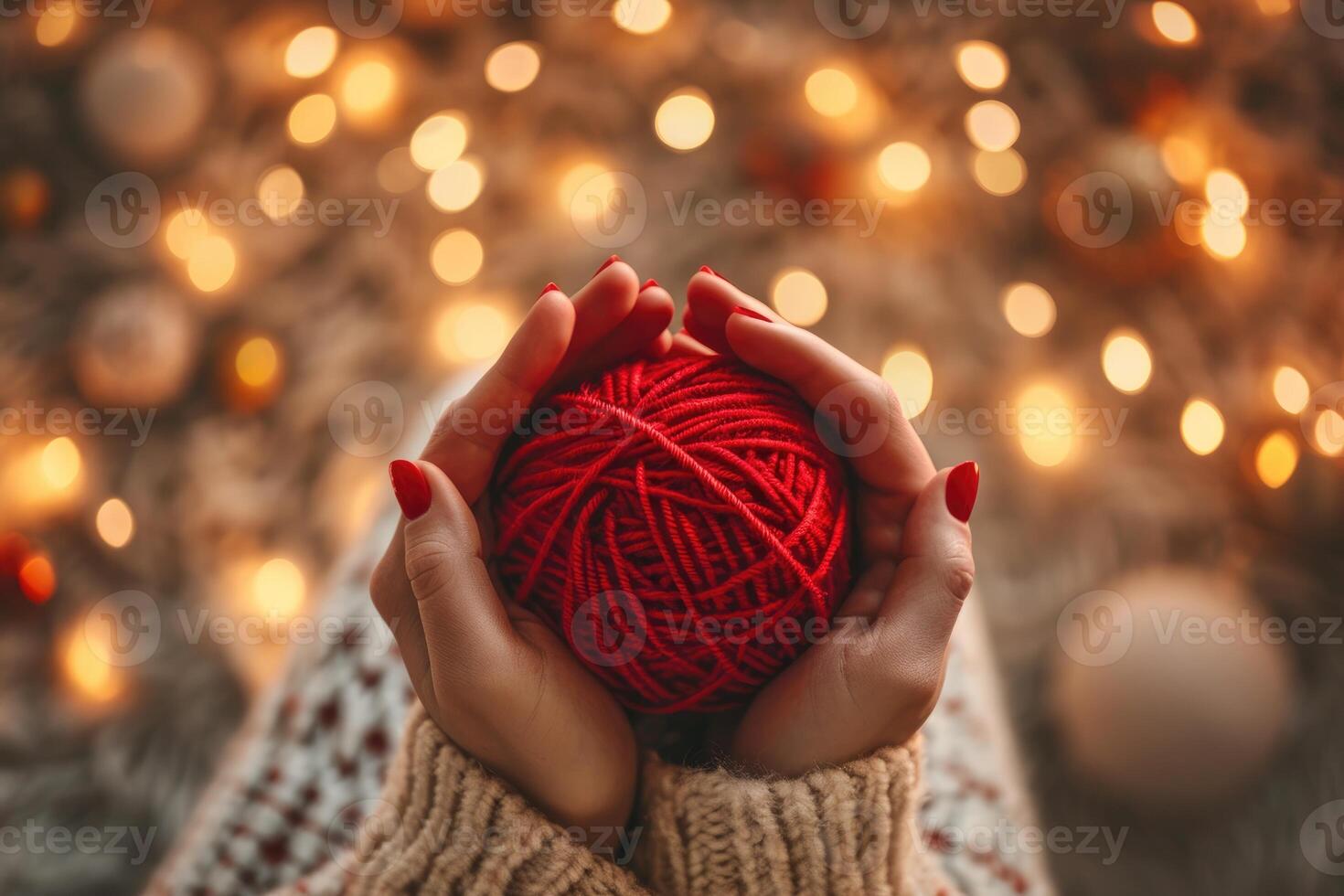 ai generado manos cuna un rojo hilo pelota en un cálido, acogedor ligero configuración, ai generado foto