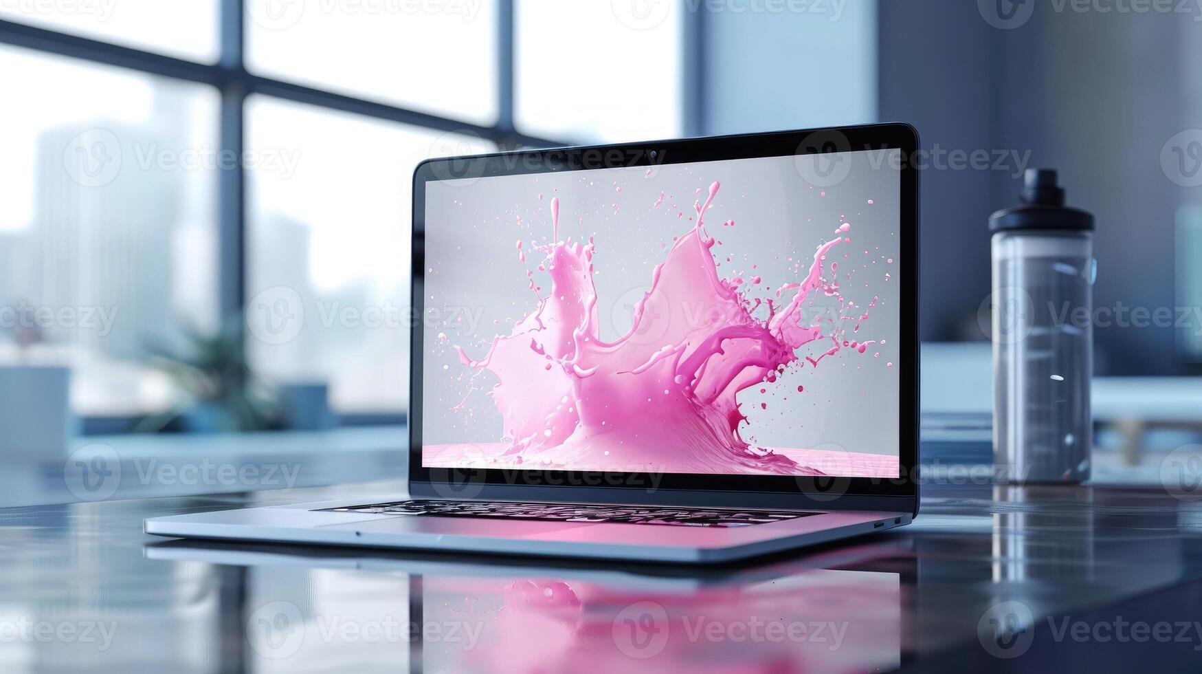 AI generated A laptop with splashes mockup, a dynamic representation of a computer in an office setting, Ai Generated photo