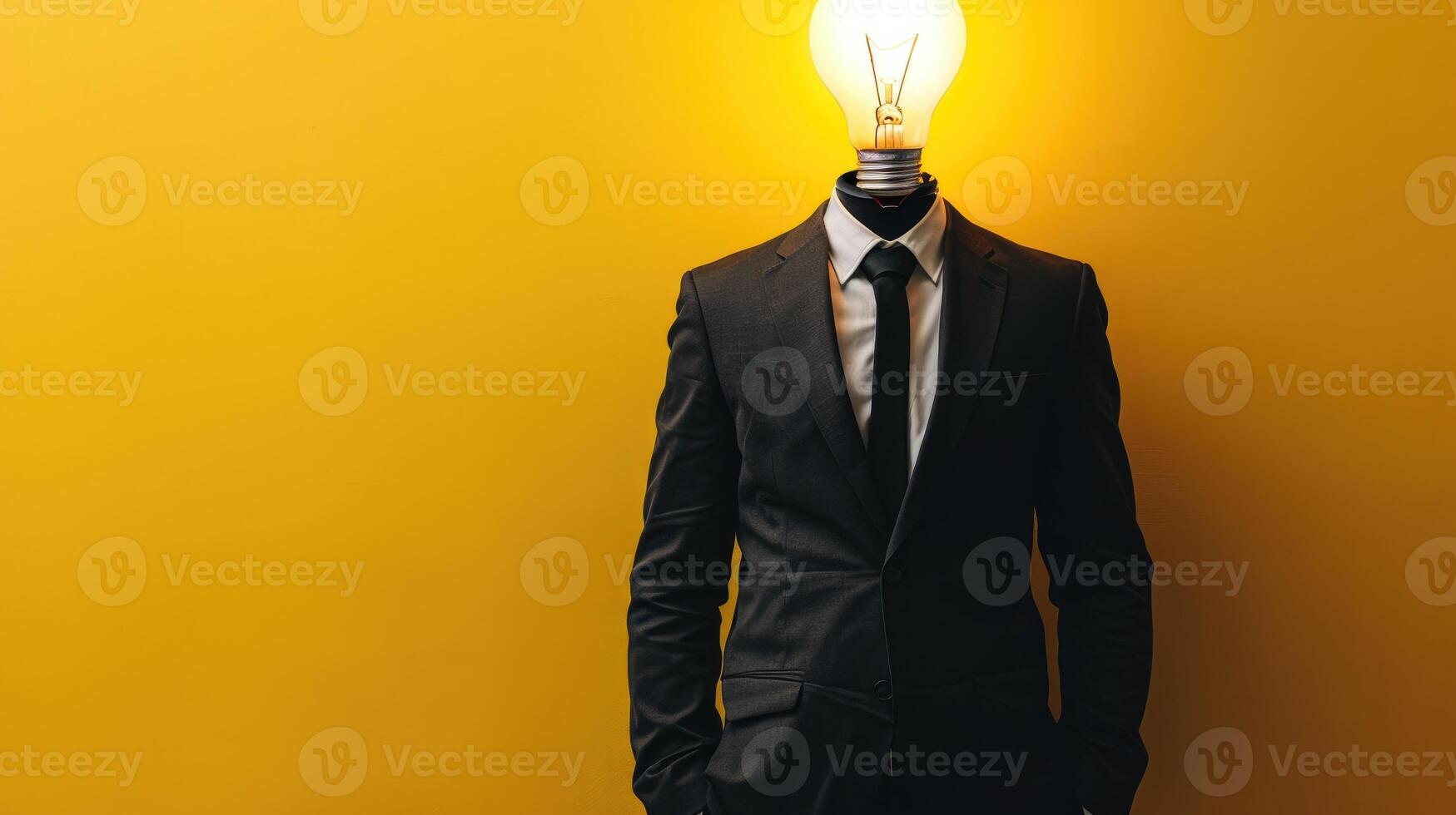 AI generated Smart idea concept featuring a lightbulb on the body of a man in a suit against a yellow background, Ai Generated photo