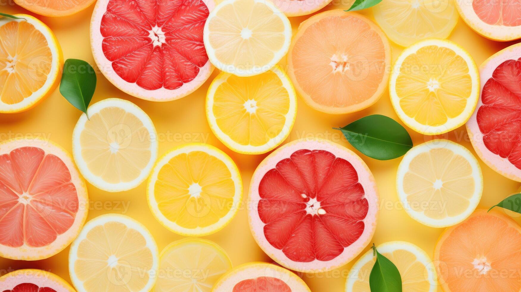 ai generado refrescante rebanadas de naranja, pomelo, y limón conjunto en contra un verano fondo, ai generado foto