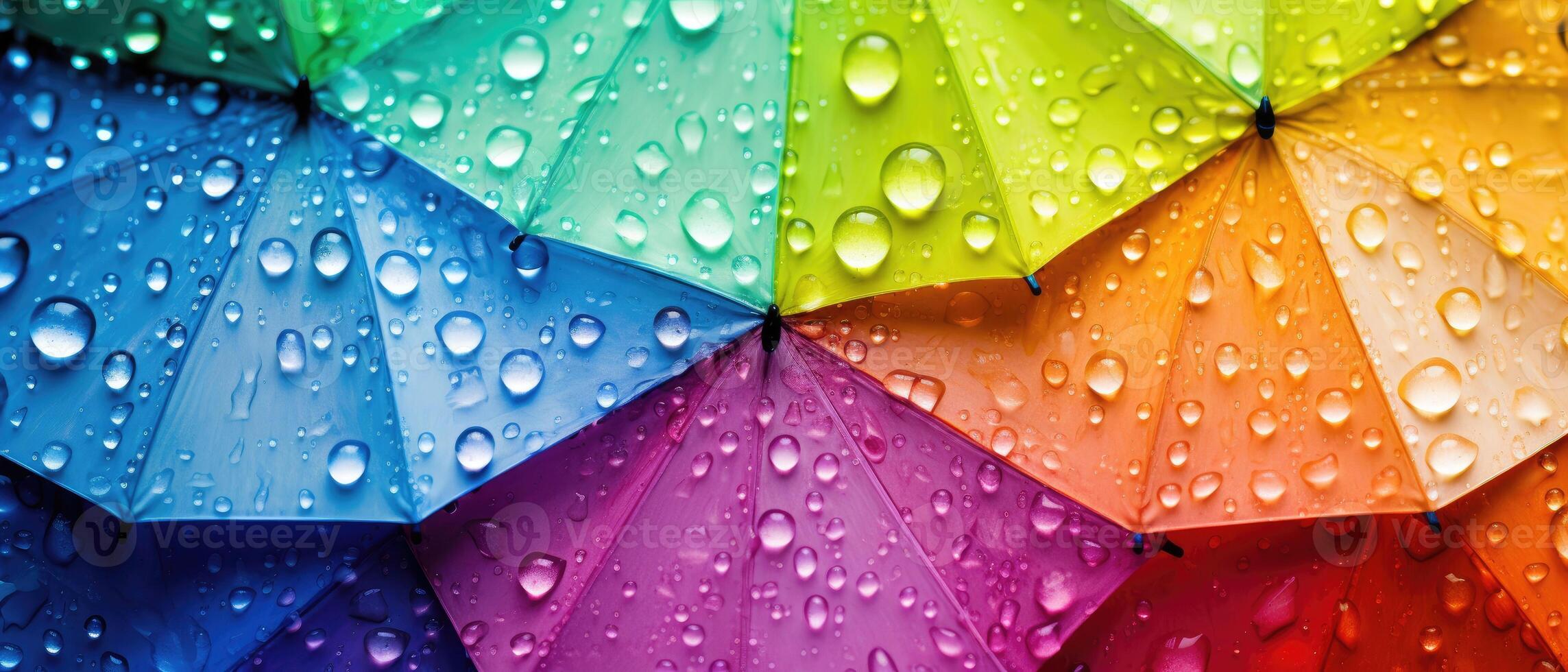 AI generated Closeup of a colorful rainbow umbrella adorned with many raindrops and waterdrops, Ai Generated. photo