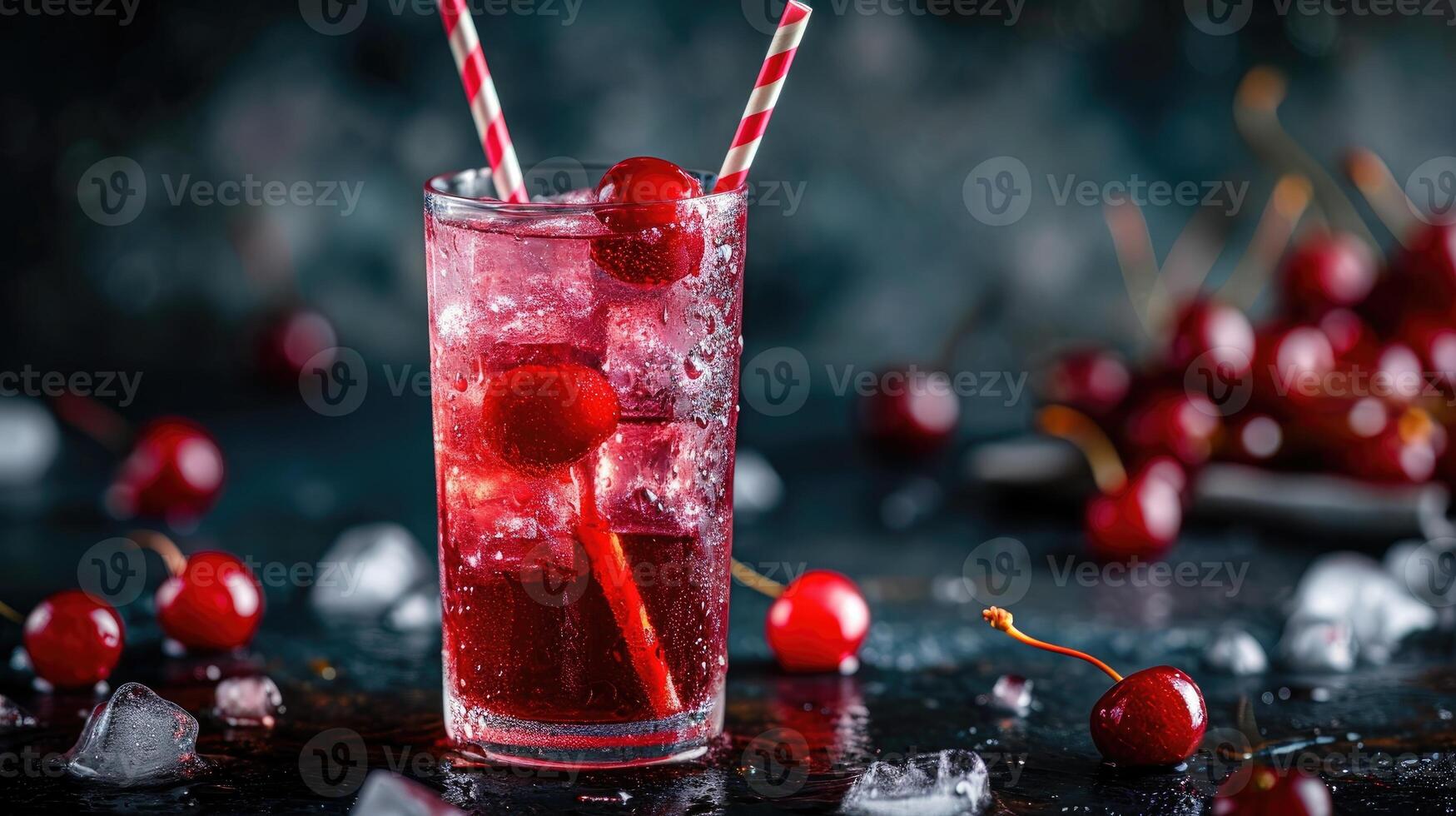 AI generated A glass of cherry juice with ice cubes and cherries on a table, Ai Generated photo